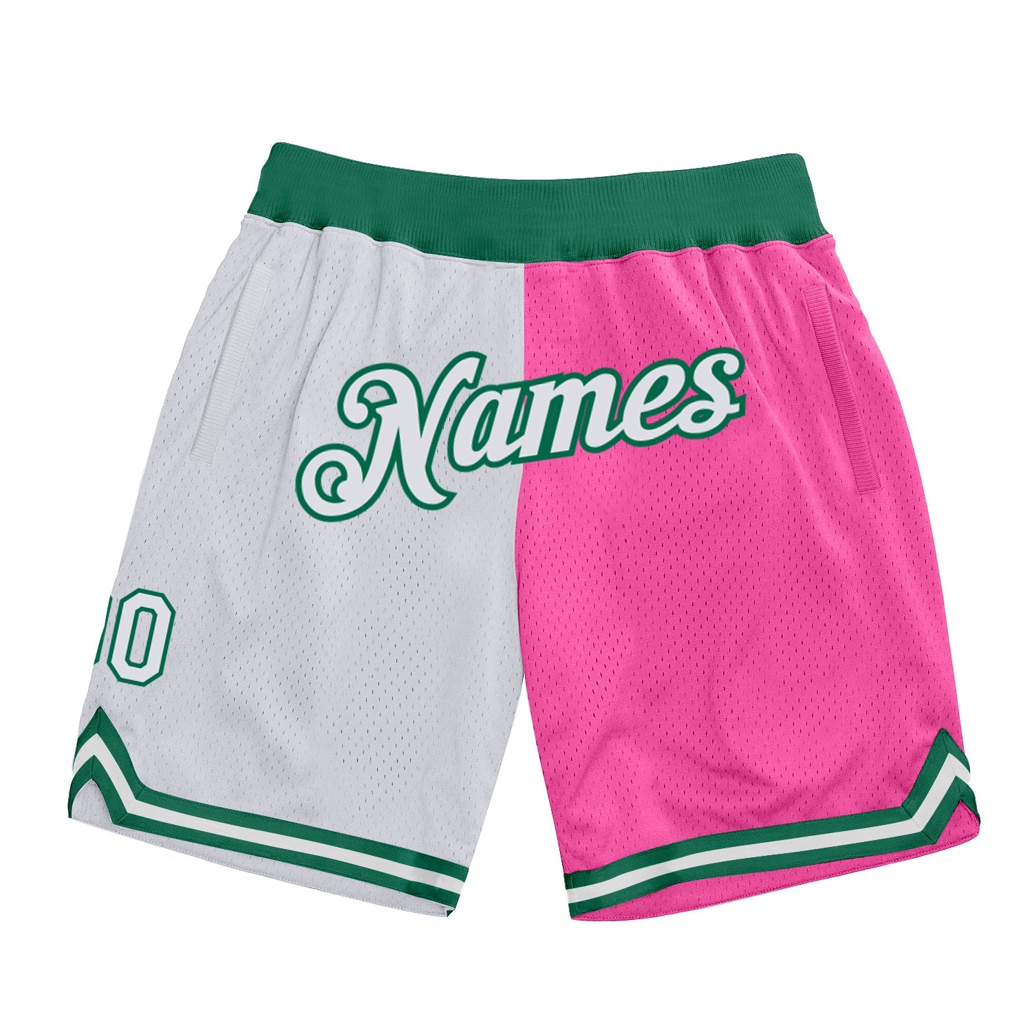Custom Pink White-Kelly Green Authentic Throwback Split Fashion Basketball Shorts - Main View