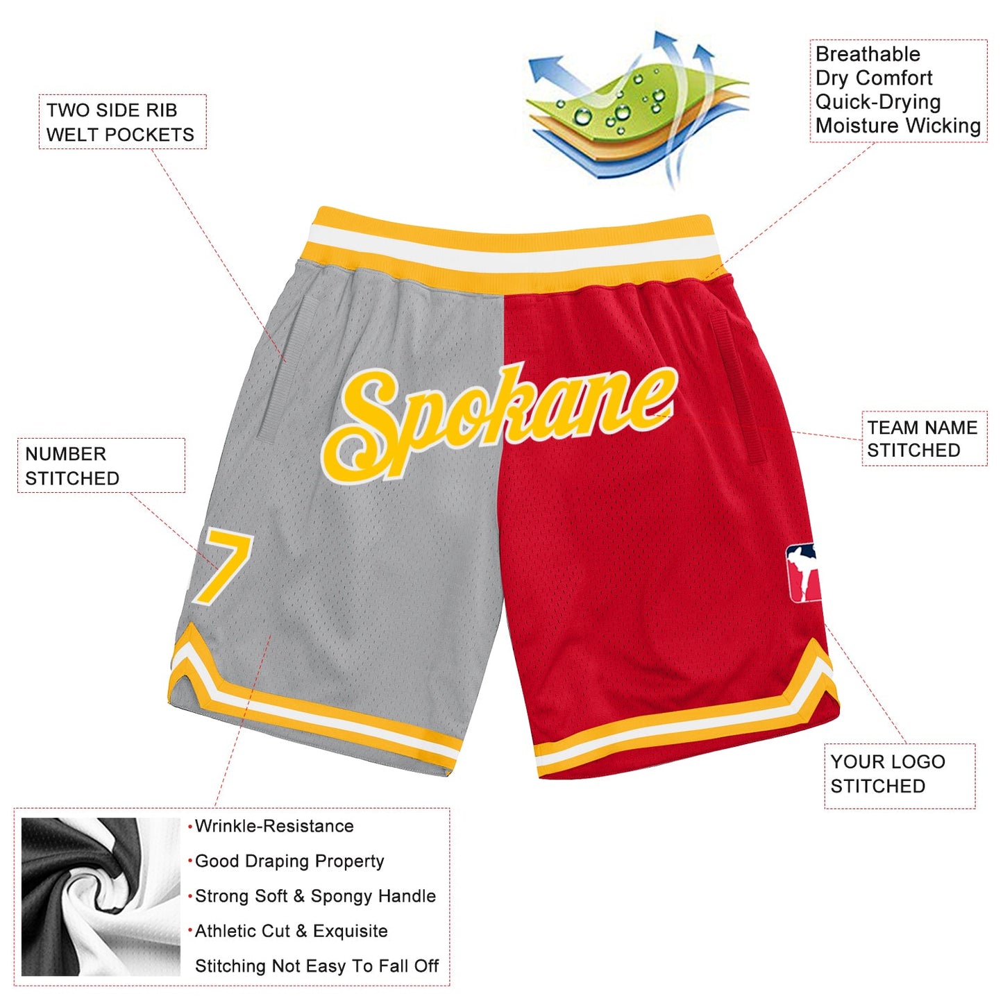 Custom Gray Gold-Red Authentic Throwback Split Fashion Basketball Shorts view 2