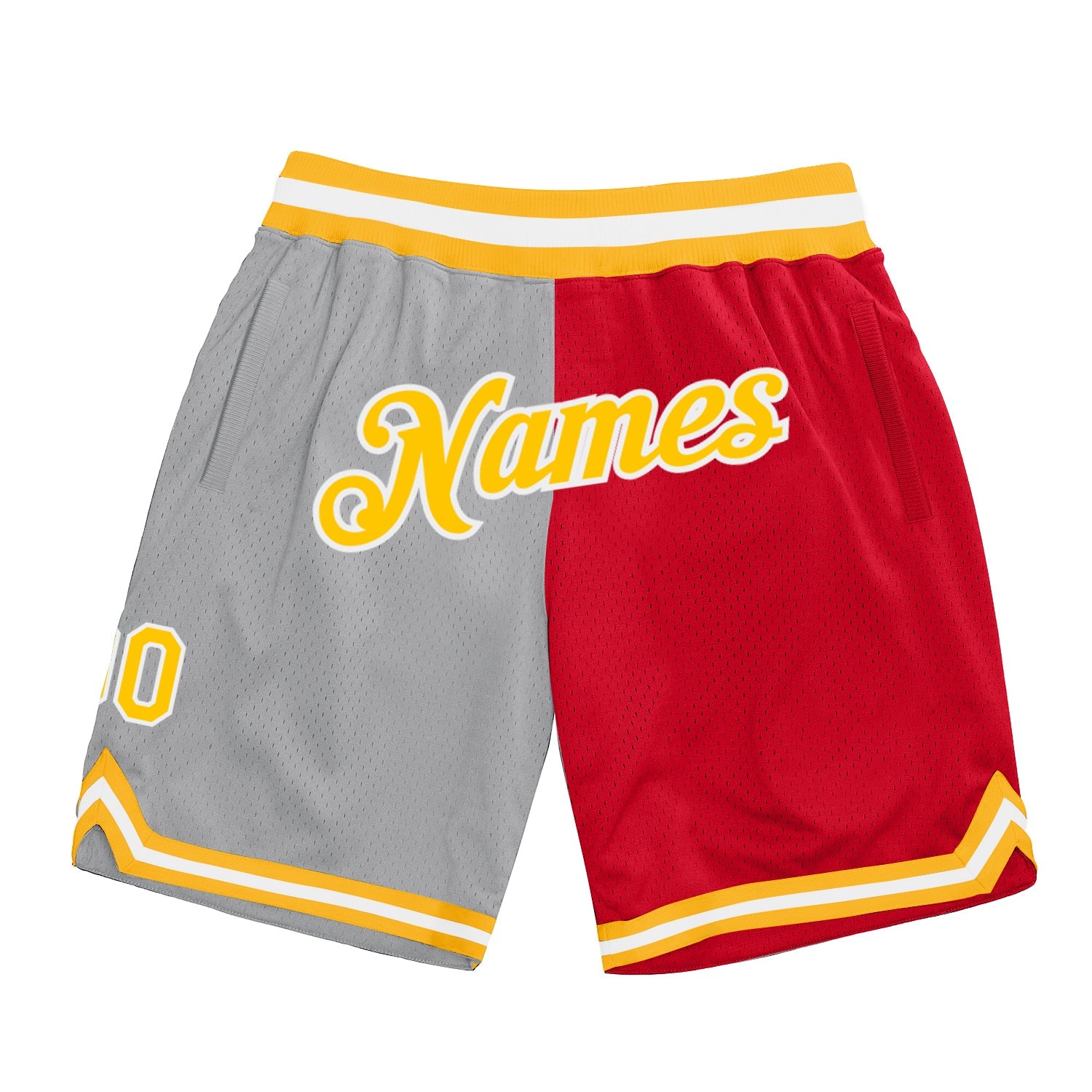 Custom Gray Gold-Red Authentic Throwback Split Fashion Basketball Shorts - Main View