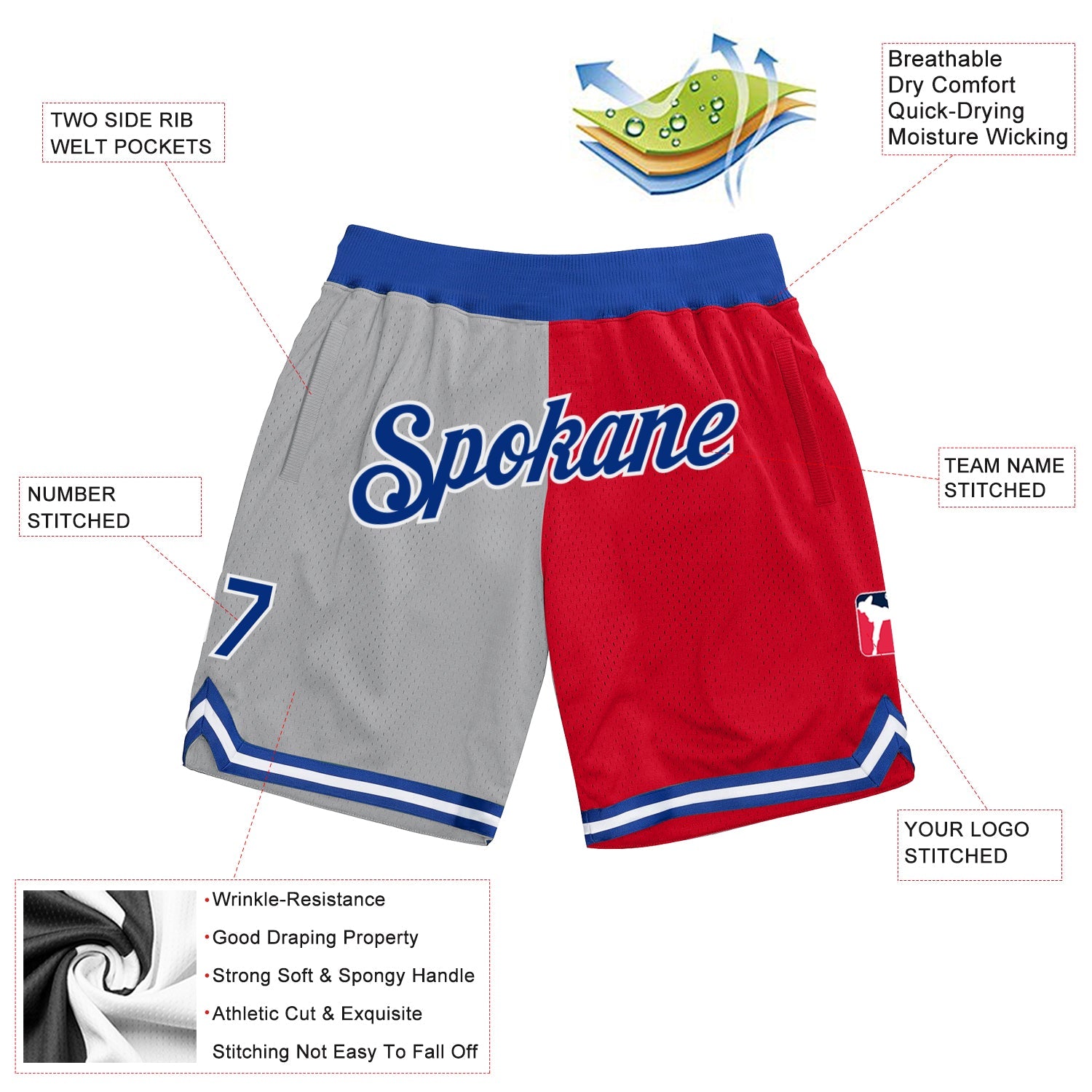 Custom Gray Royal-Red Authentic Throwback Split Fashion Basketball Shorts view 2