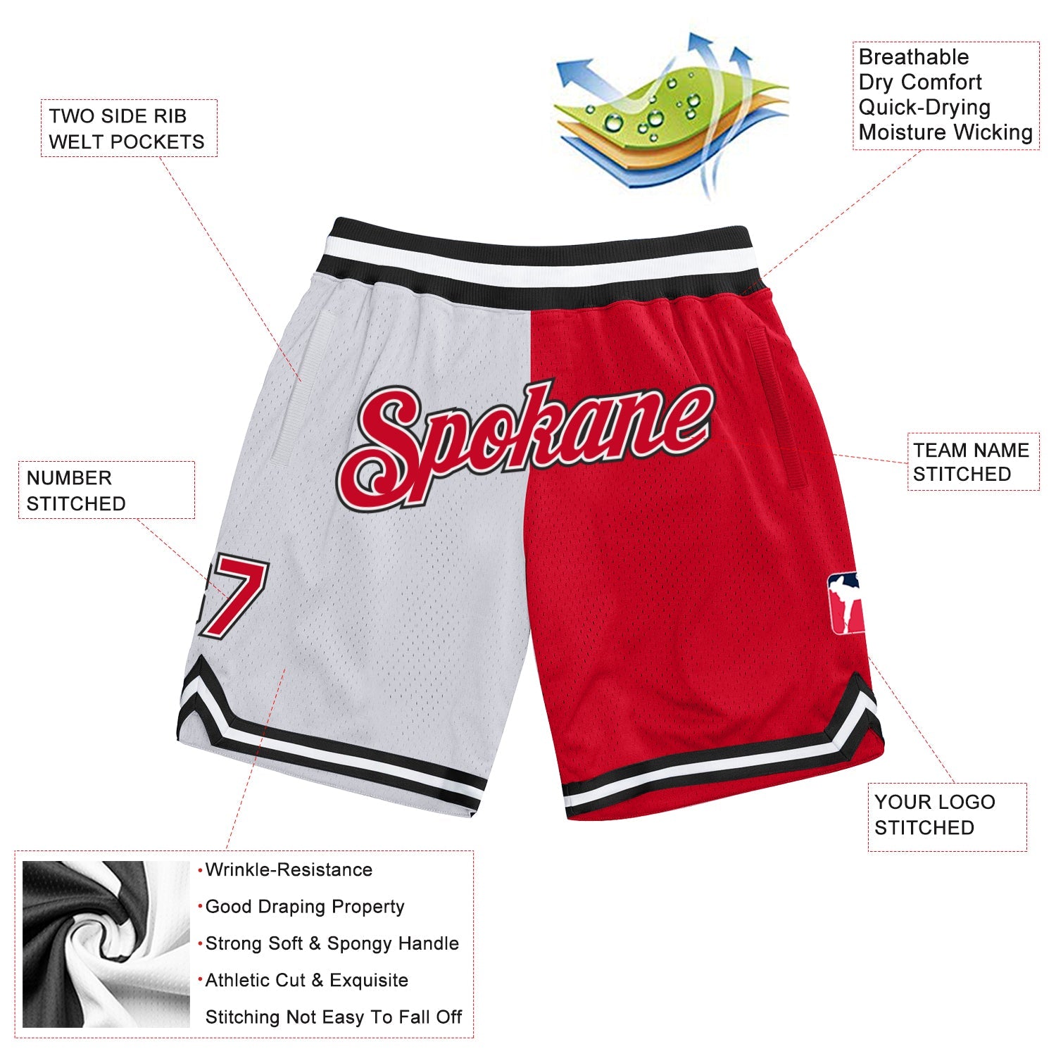 Custom White Red-Black Authentic Throwback Split Fashion Basketball Shorts view 2