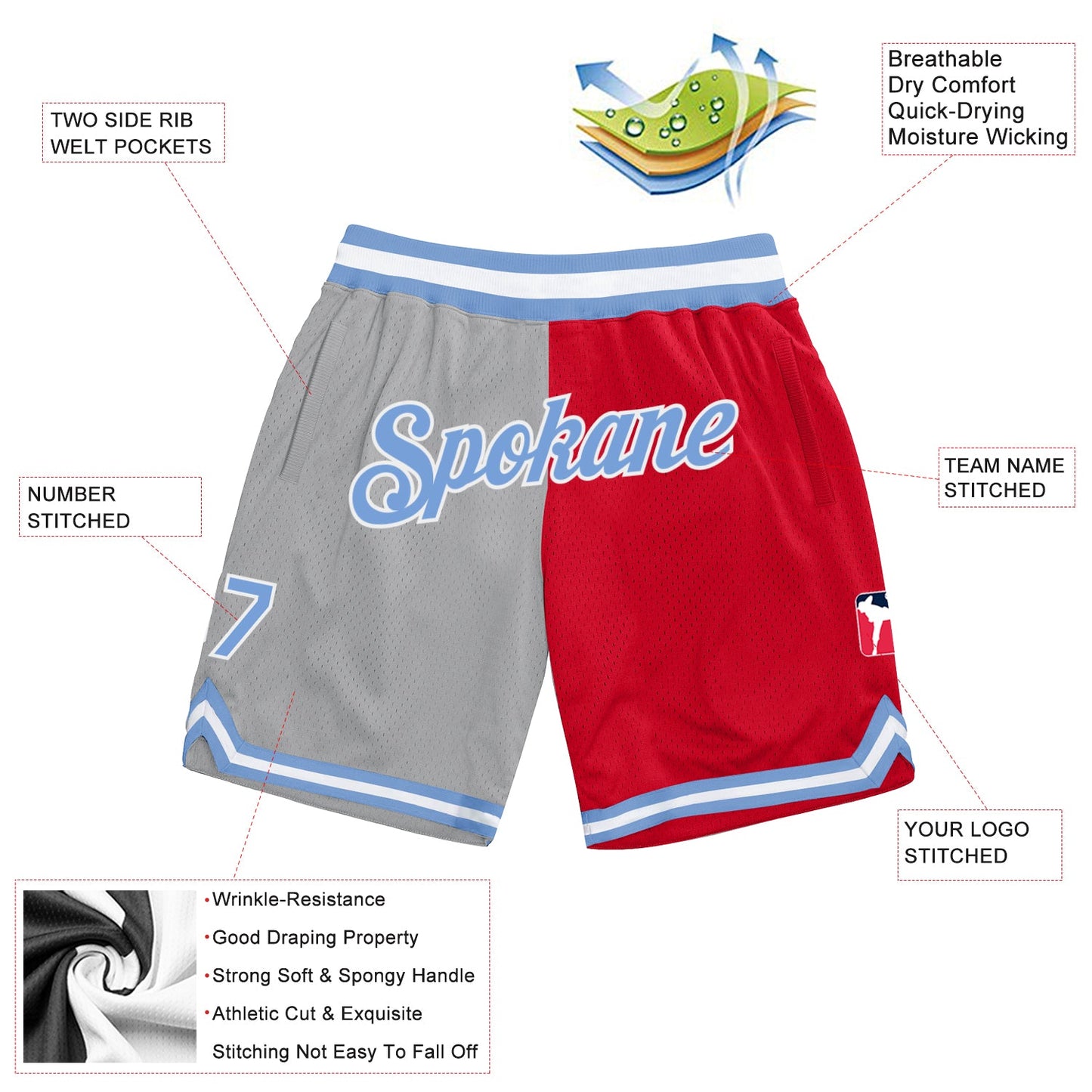 Custom Gray Light Blue-Red Authentic Throwback Split Fashion Basketball Shorts view 2