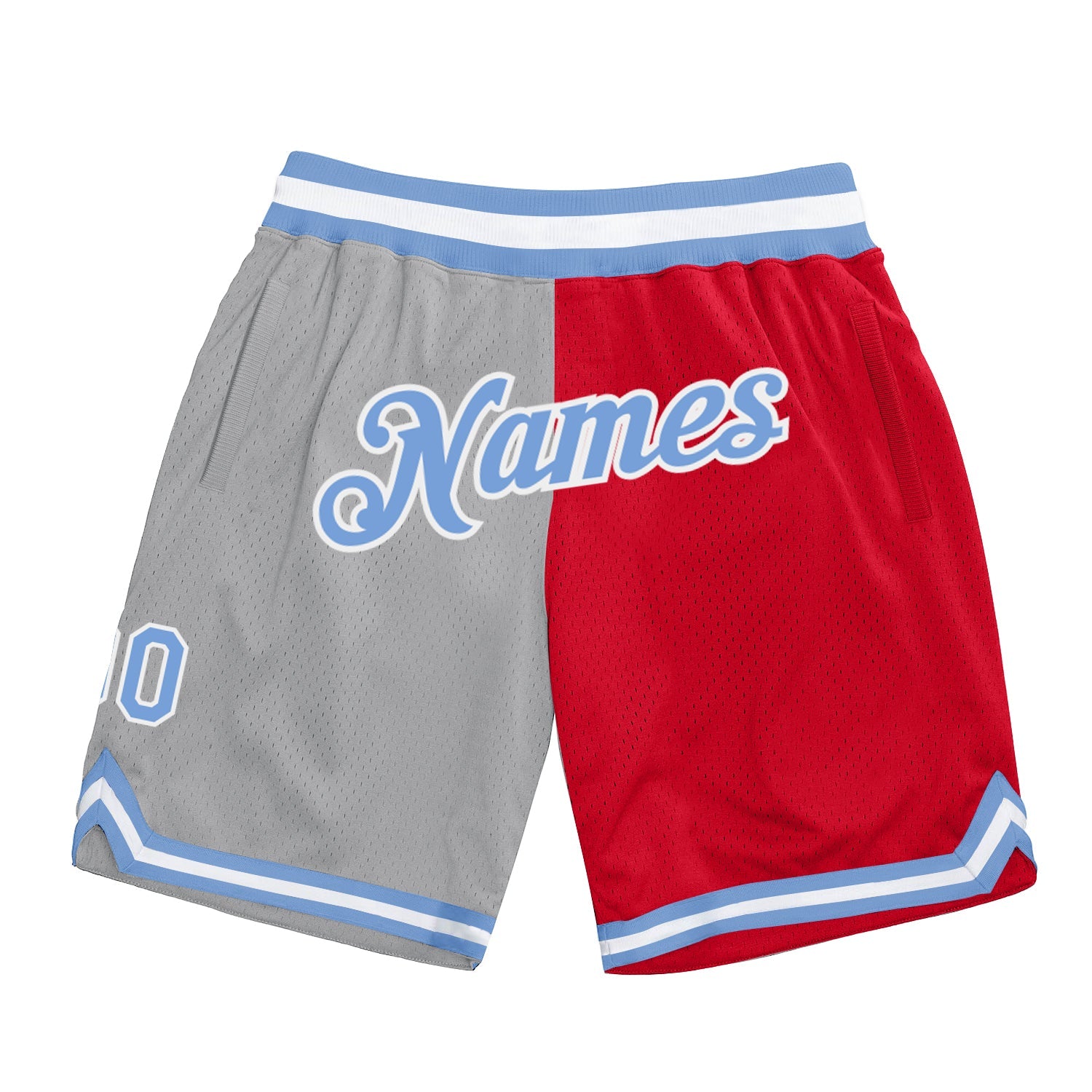 Custom Gray Light Blue-Red Authentic Throwback Split Fashion Basketball Shorts - Main View