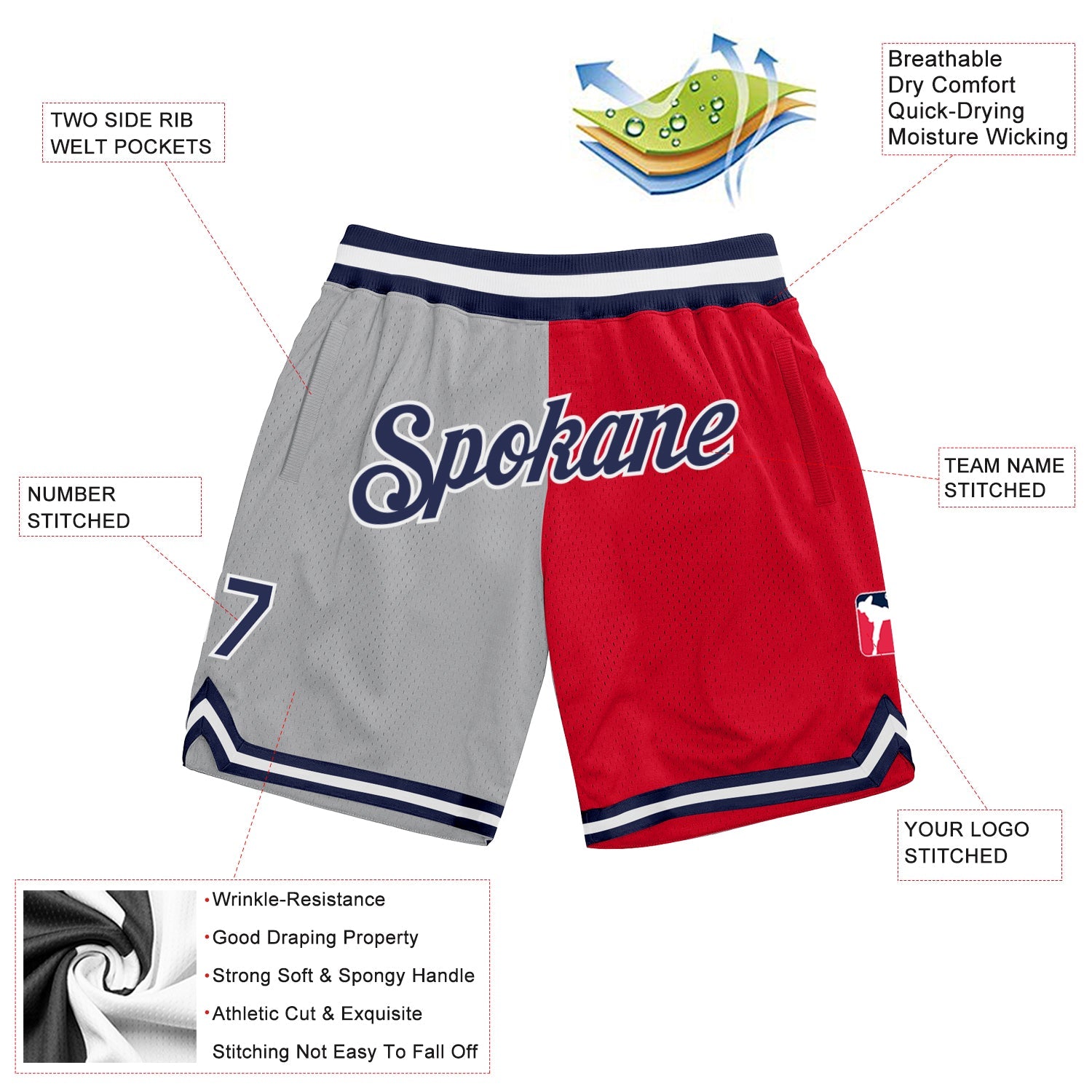 Custom Gray Navy-Red Authentic Throwback Split Fashion Basketball Shorts view 2