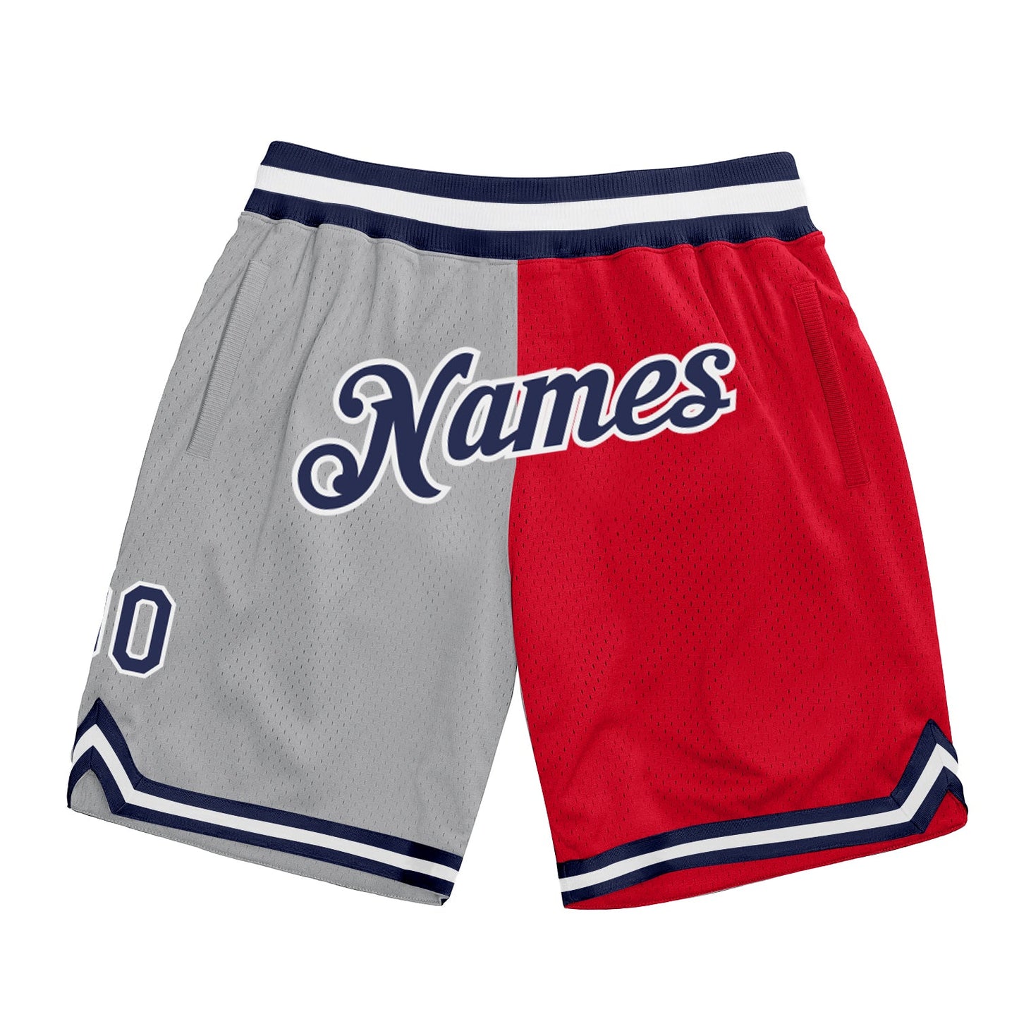 Custom Gray Navy-Red Authentic Throwback Split Fashion Basketball Shorts - Main View
