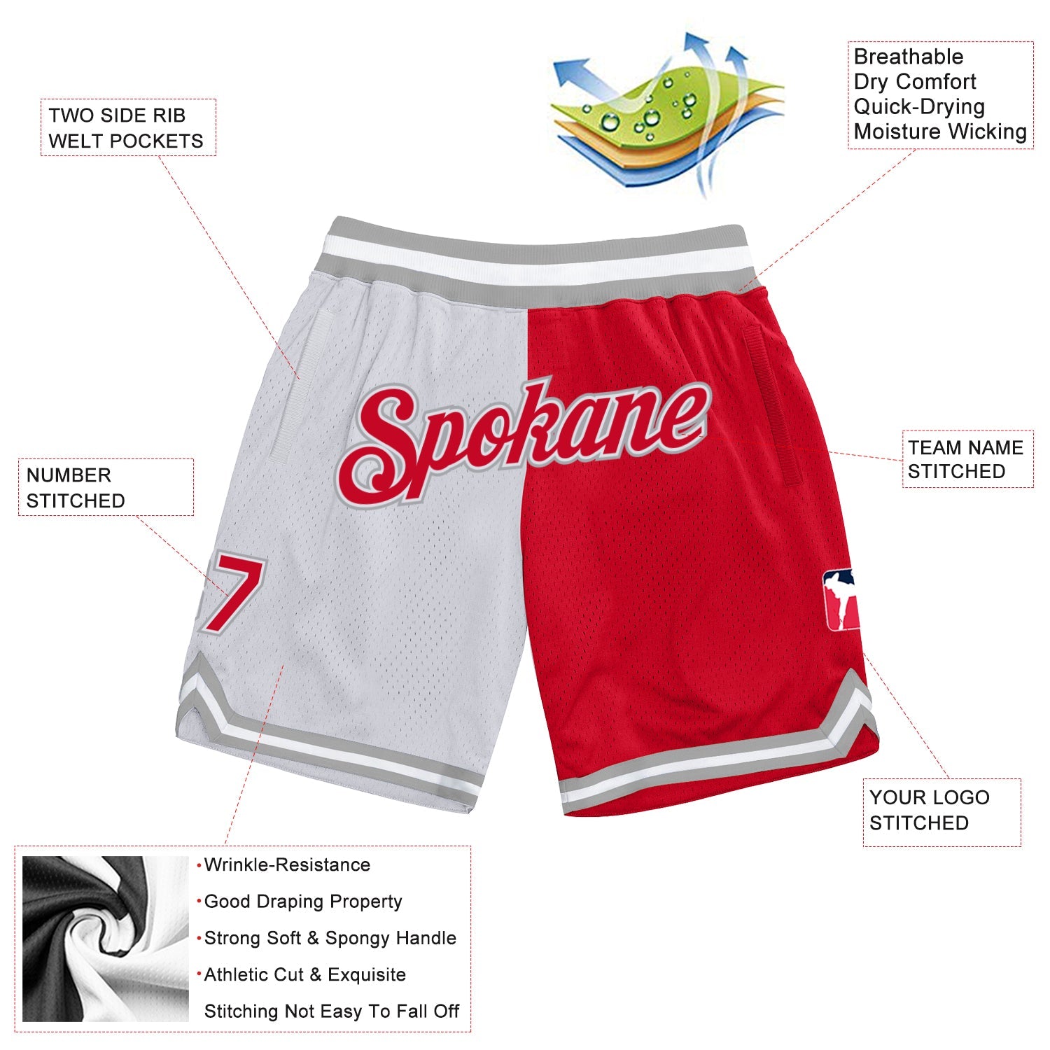Custom White Red-Gray Authentic Throwback Split Fashion Basketball Shorts view 2