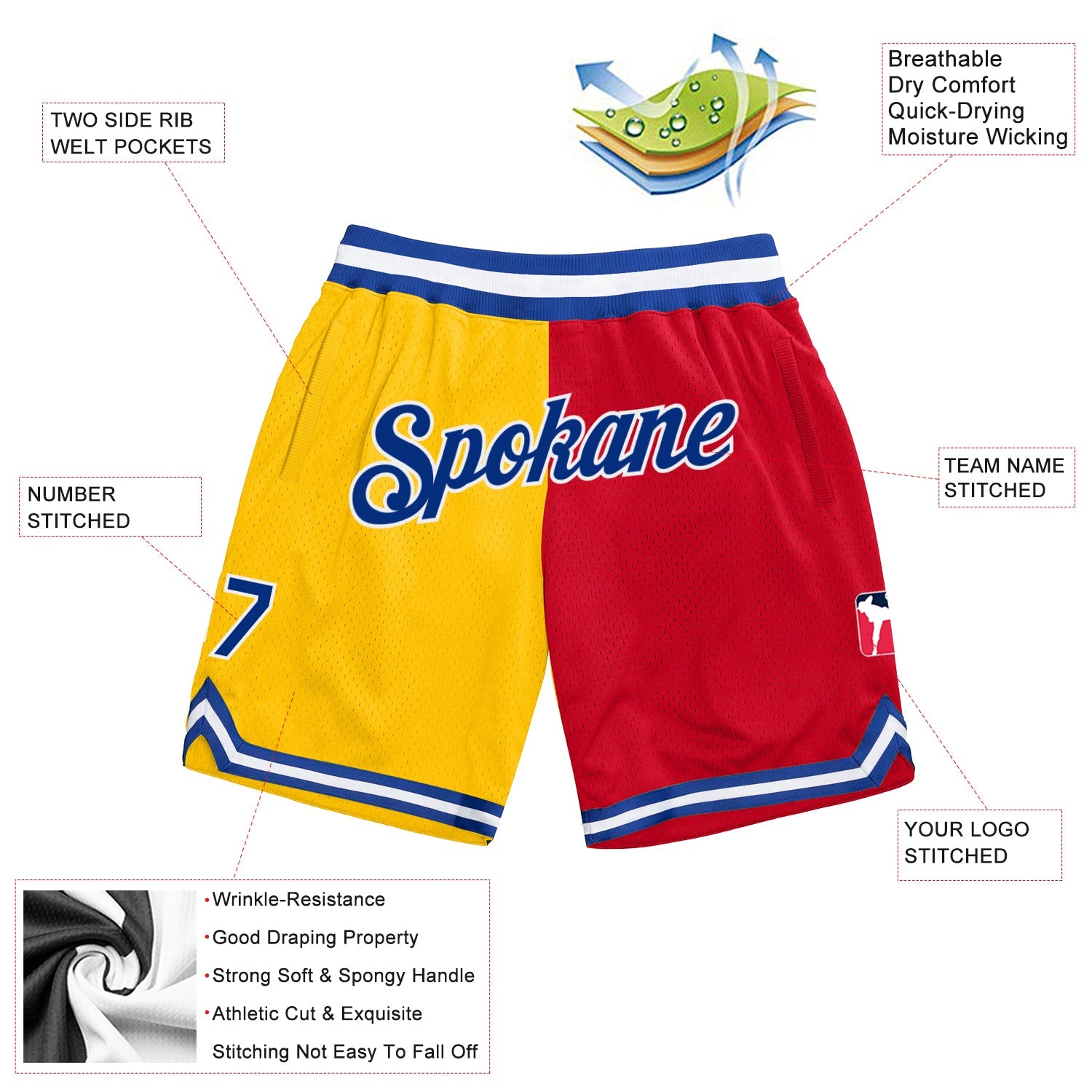Custom Gold Royal-Red Authentic Throwback Split Fashion Basketball Shorts view 2