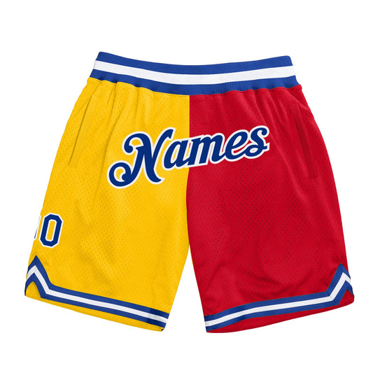 Custom Gold Royal-Red Authentic Throwback Split Fashion Basketball Shorts - Main View