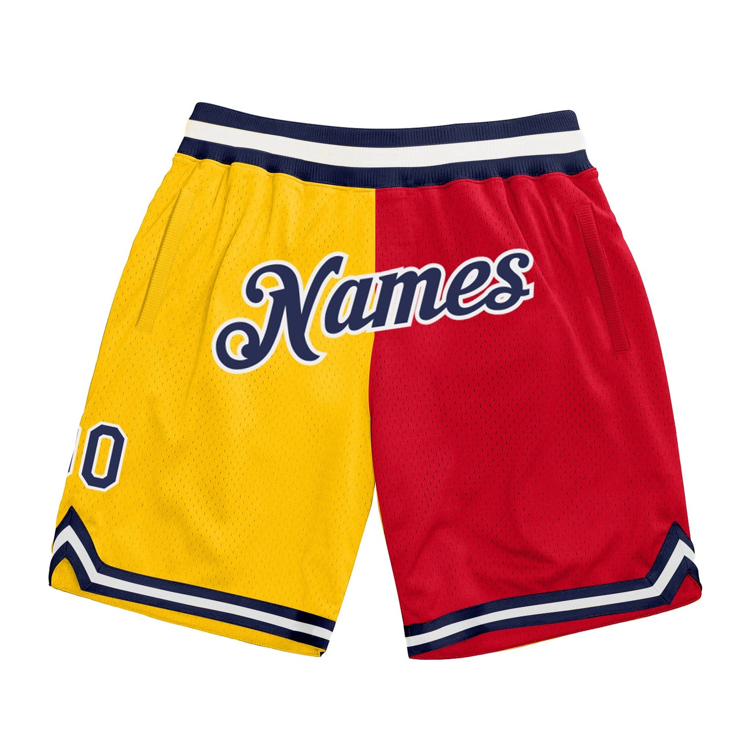Custom Gold Navy-Red Authentic Throwback Split Fashion Basketball Shorts - Main View
