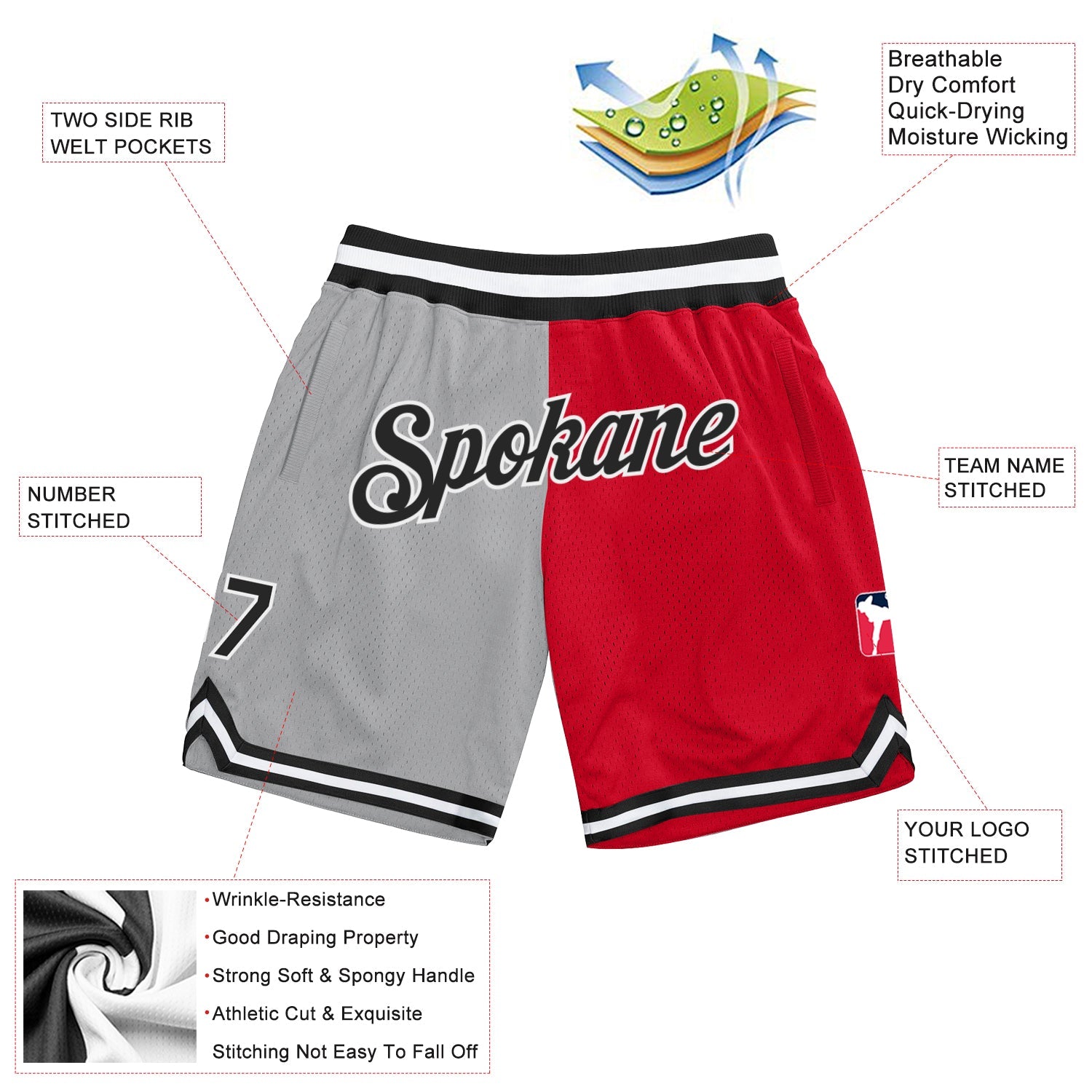 Custom Gray Black-Red Authentic Throwback Split Fashion Basketball Shorts view 2