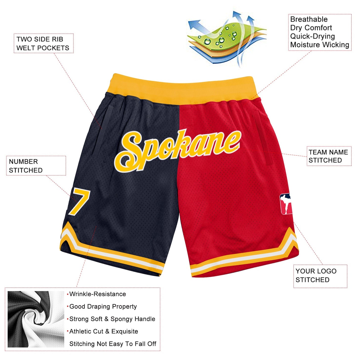 Custom Navy Gold-Red Authentic Throwback Split Fashion Basketball Shorts view 2