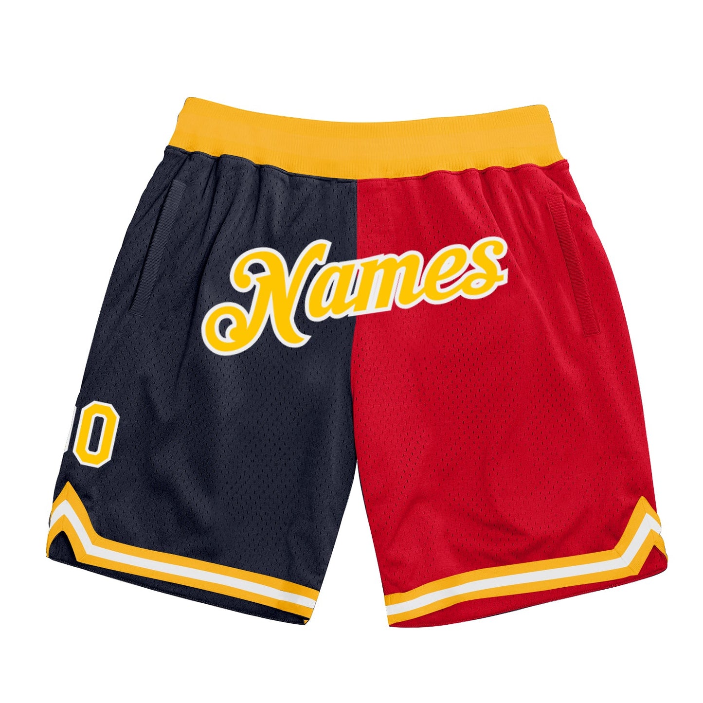 Custom Navy Gold-Red Authentic Throwback Split Fashion Basketball Shorts - Main View