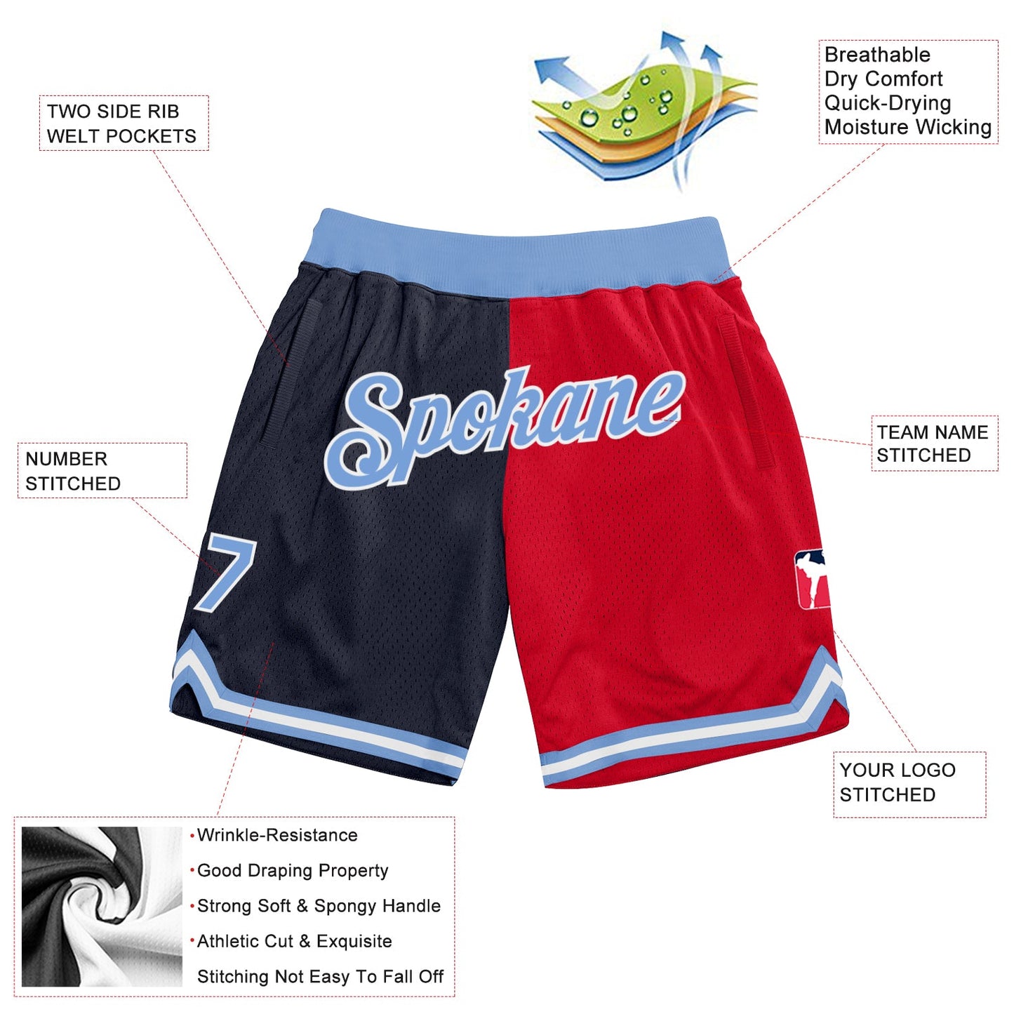 Custom Navy Light Blue-Red Authentic Throwback Split Fashion Basketball Shorts view 2