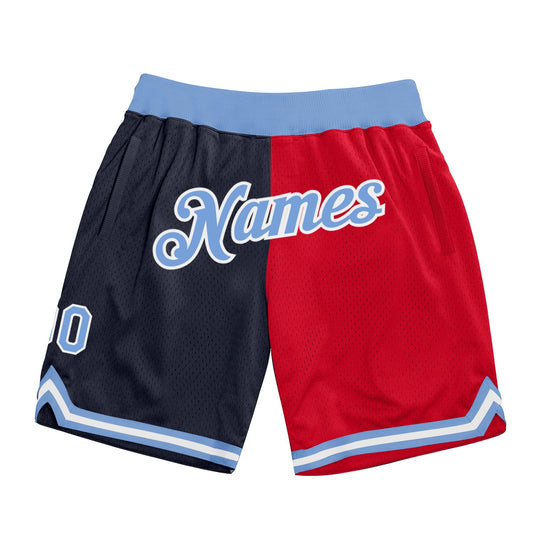 Custom Navy Light Blue-Red Authentic Throwback Split Fashion Basketball Shorts - Main View
