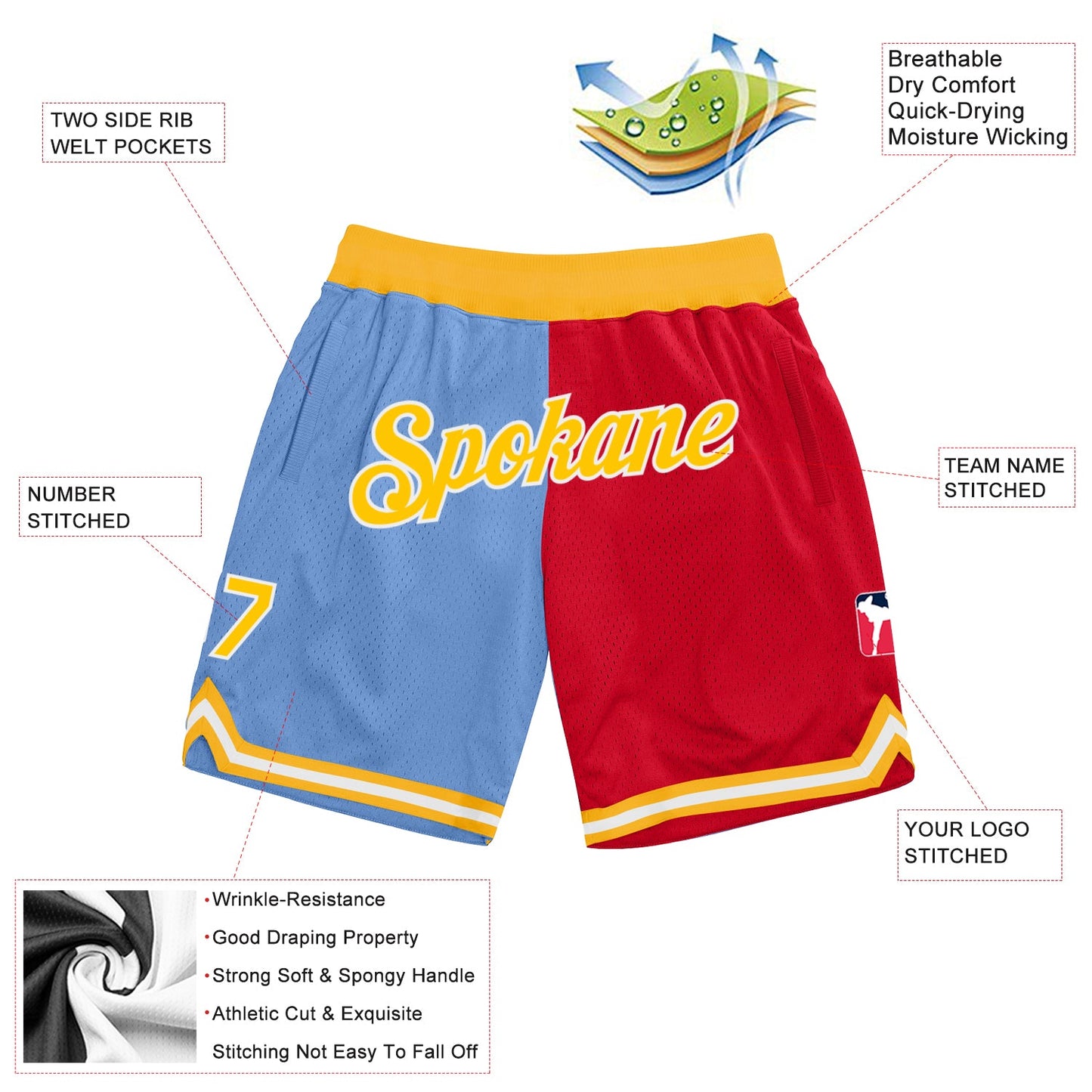 Custom Light Blue Gold-Red Authentic Throwback Split Fashion Basketball Shorts view 2