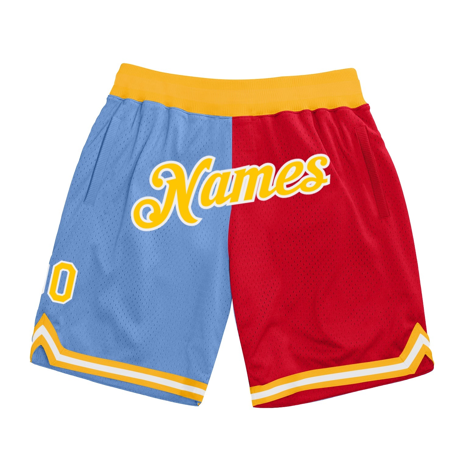 Custom Light Blue Gold-Red Authentic Throwback Split Fashion Basketball Shorts - Main View