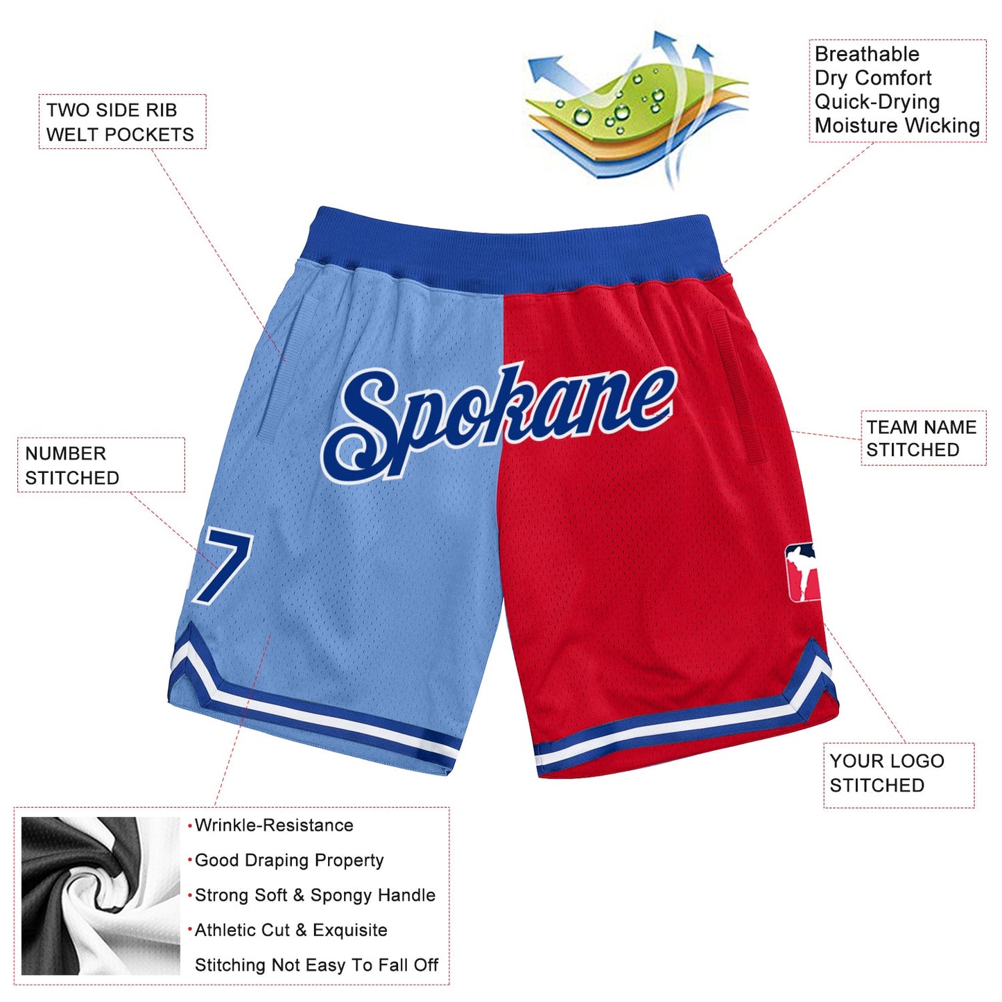 Custom Light Blue Royal-Red Authentic Throwback Split Fashion Basketball Shorts view 2