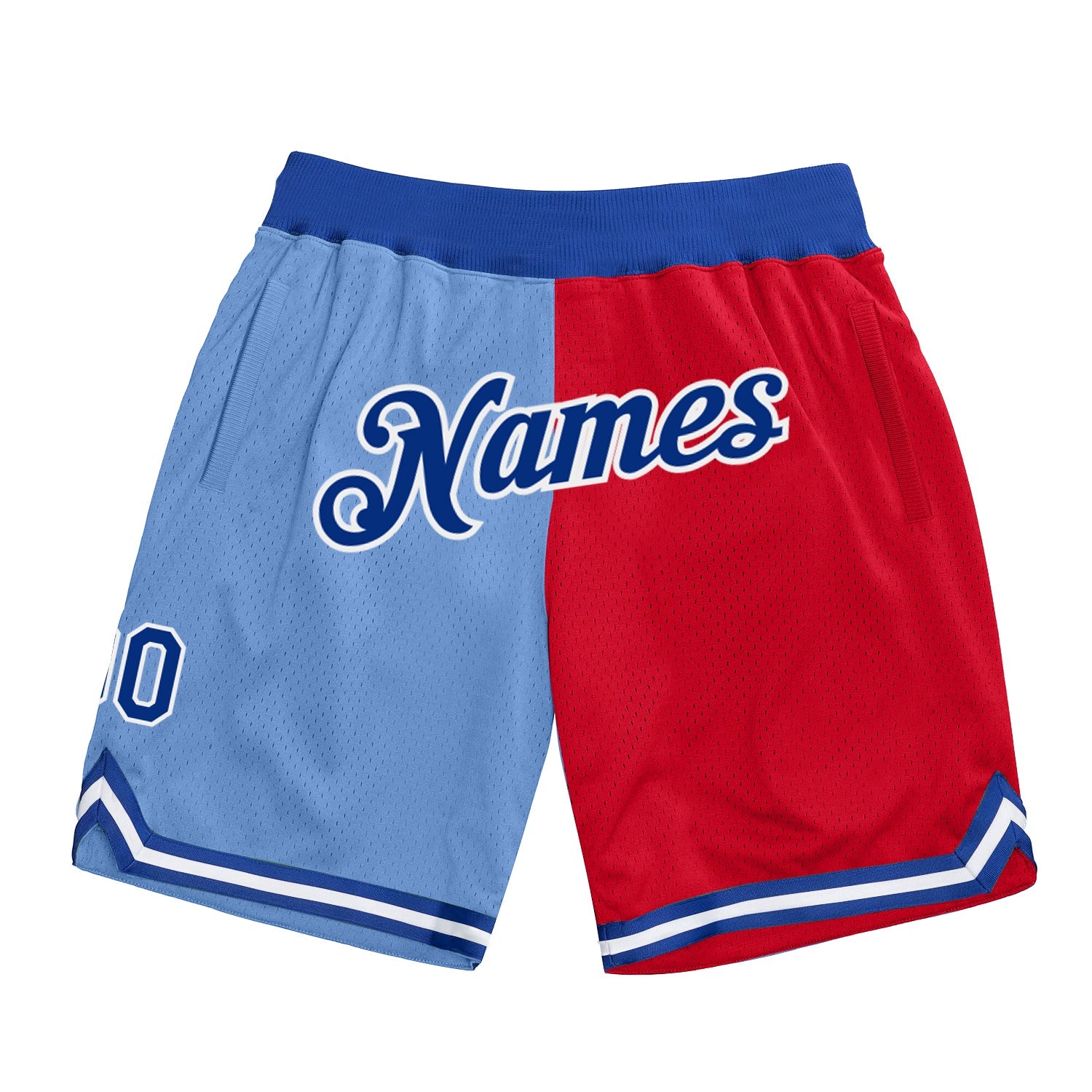 Custom Light Blue Royal-Red Authentic Throwback Split Fashion Basketball Shorts - Main View