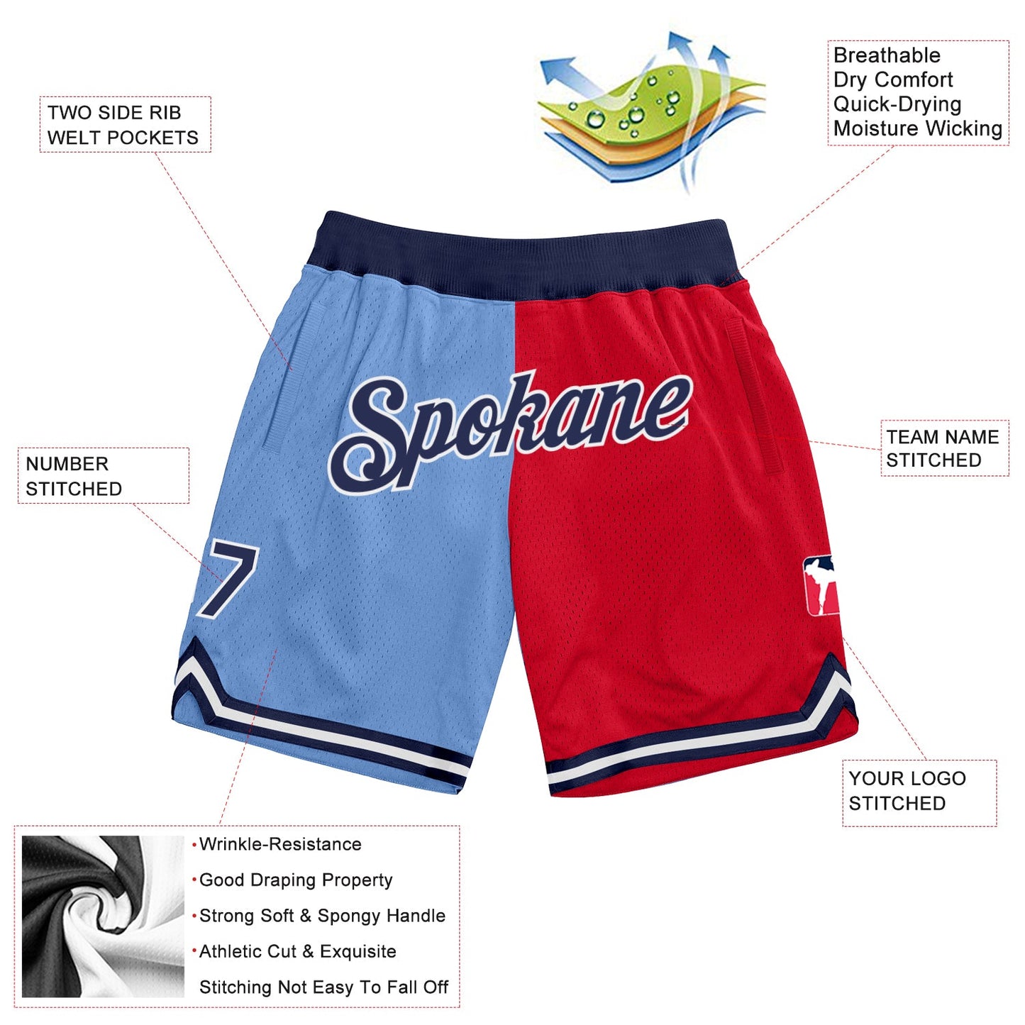 Custom Light Blue Navy-Red Authentic Throwback Split Fashion Basketball Shorts view 2