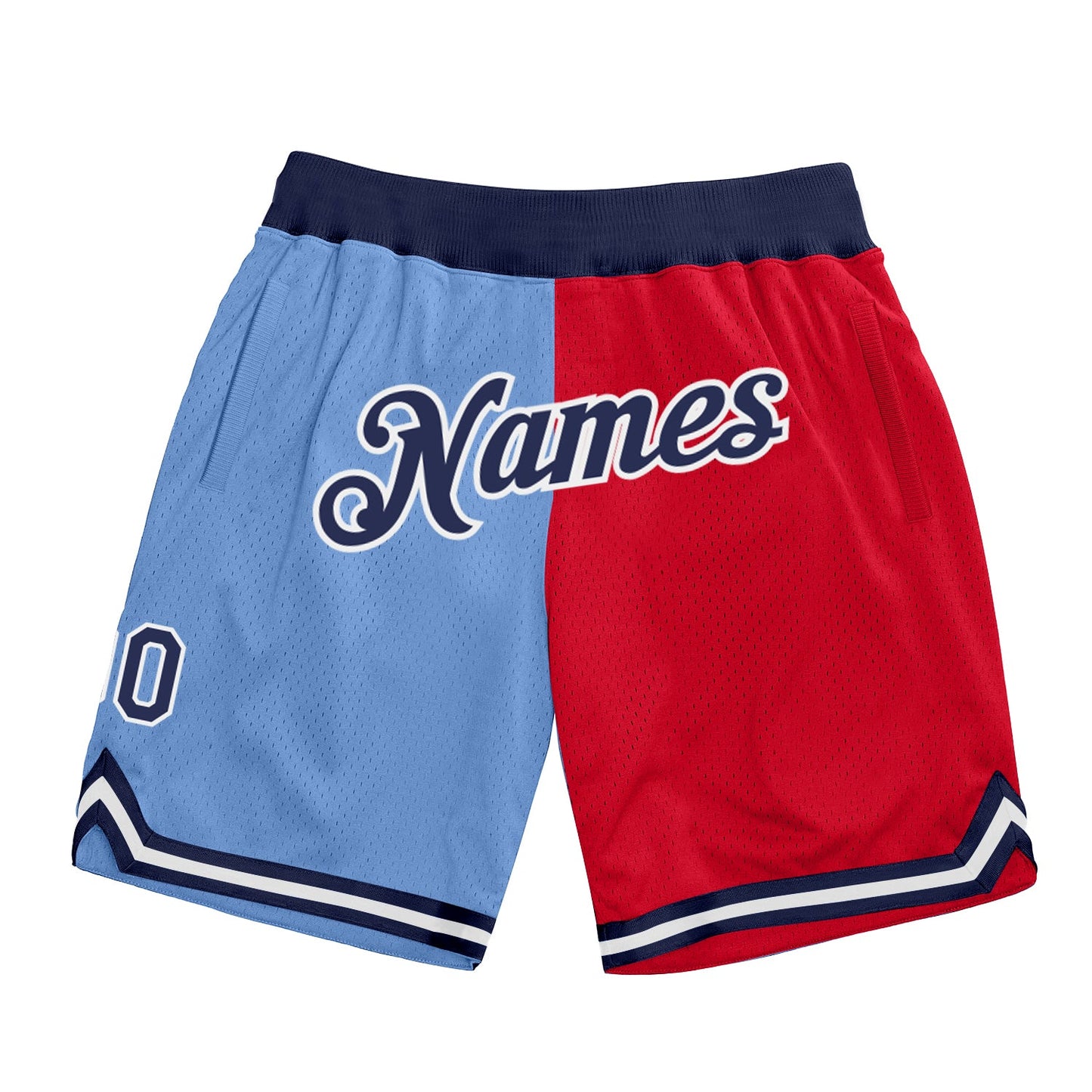 Custom Light Blue Navy-Red Authentic Throwback Split Fashion Basketball Shorts - Main View