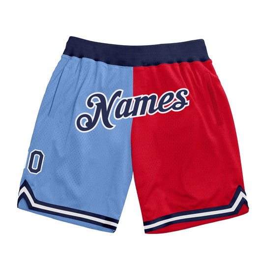 Custom Light Blue Navy-Red Authentic Throwback Split Fashion Basketball Shorts - Main View