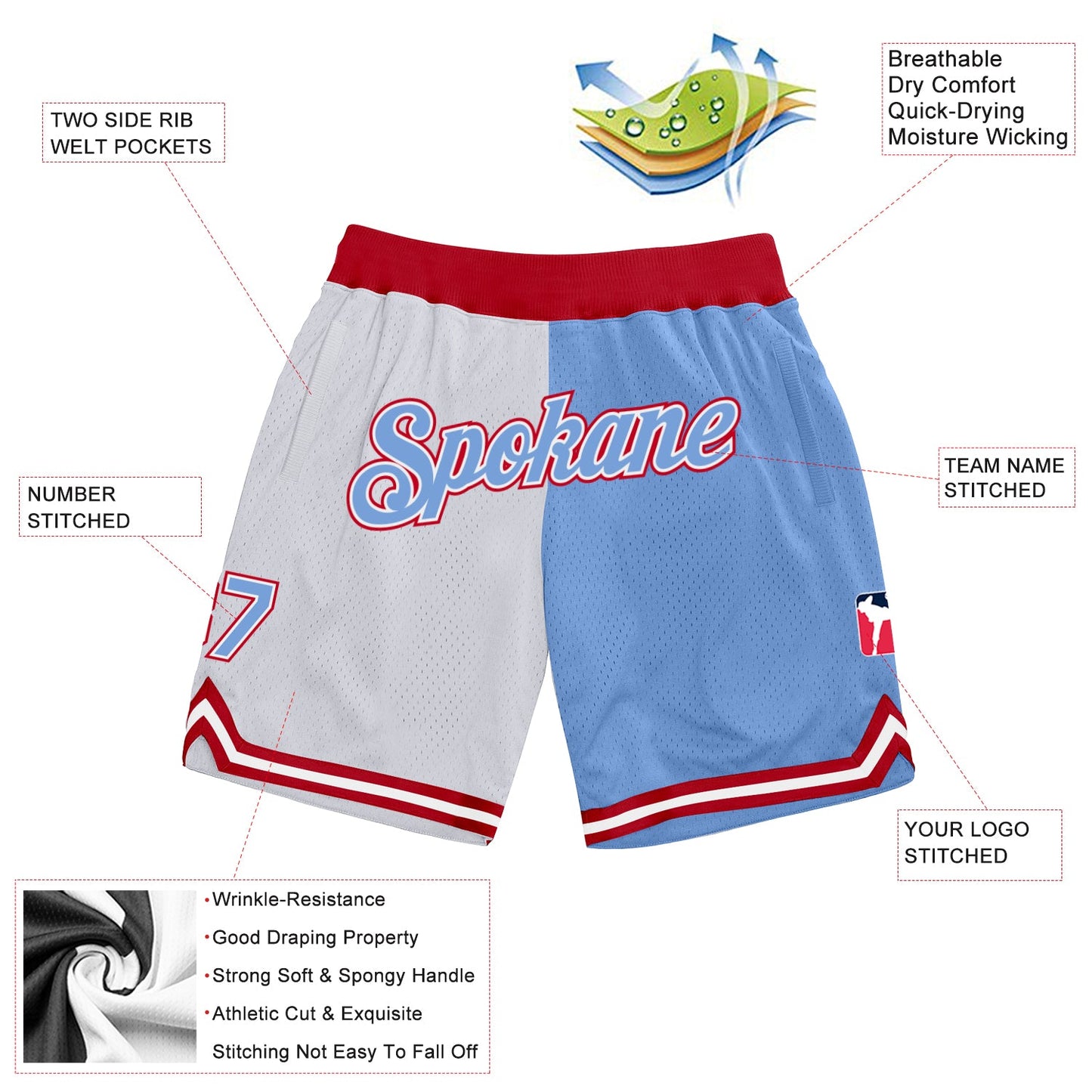 Custom White Light Blue-Red Authentic Throwback Split Fashion Basketball Shorts view 2