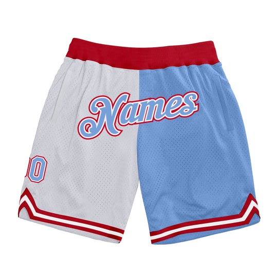 Custom White Light Blue-Red Authentic Throwback Split Fashion Basketball Shorts - Main View