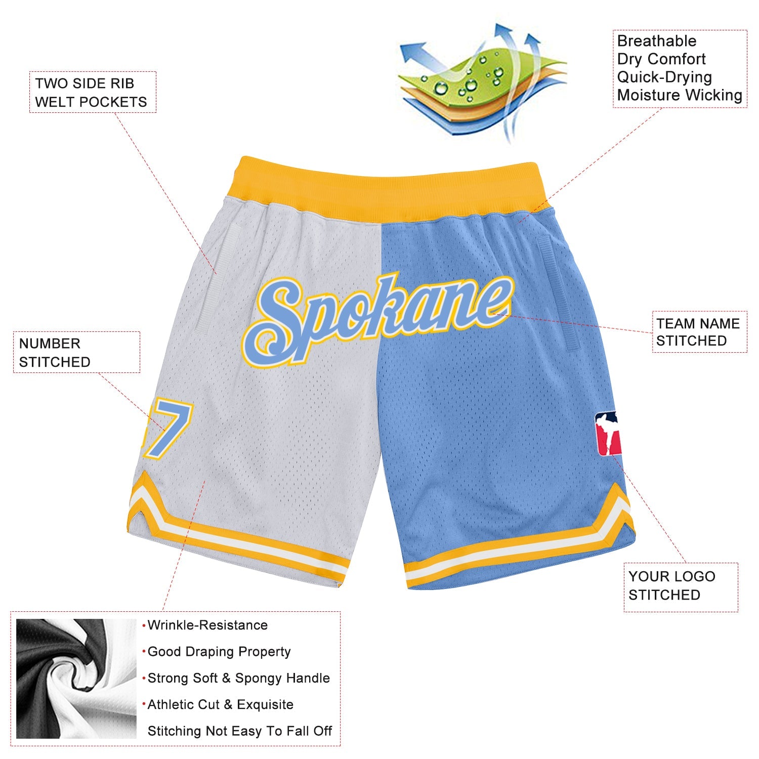 Custom White Light Blue-Gold Authentic Throwback Split Fashion Basketball Shorts view 2