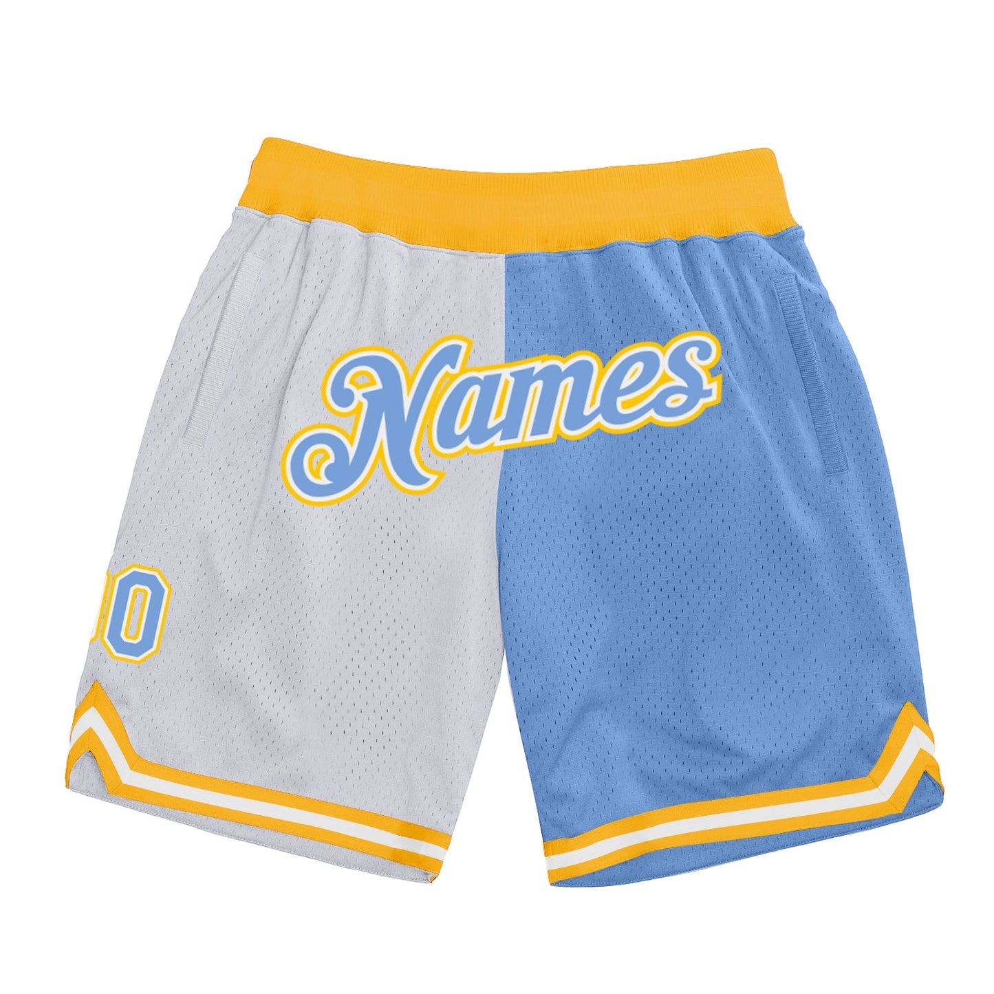 Custom White Light Blue-Gold Authentic Throwback Split Fashion Basketball Shorts - Main View