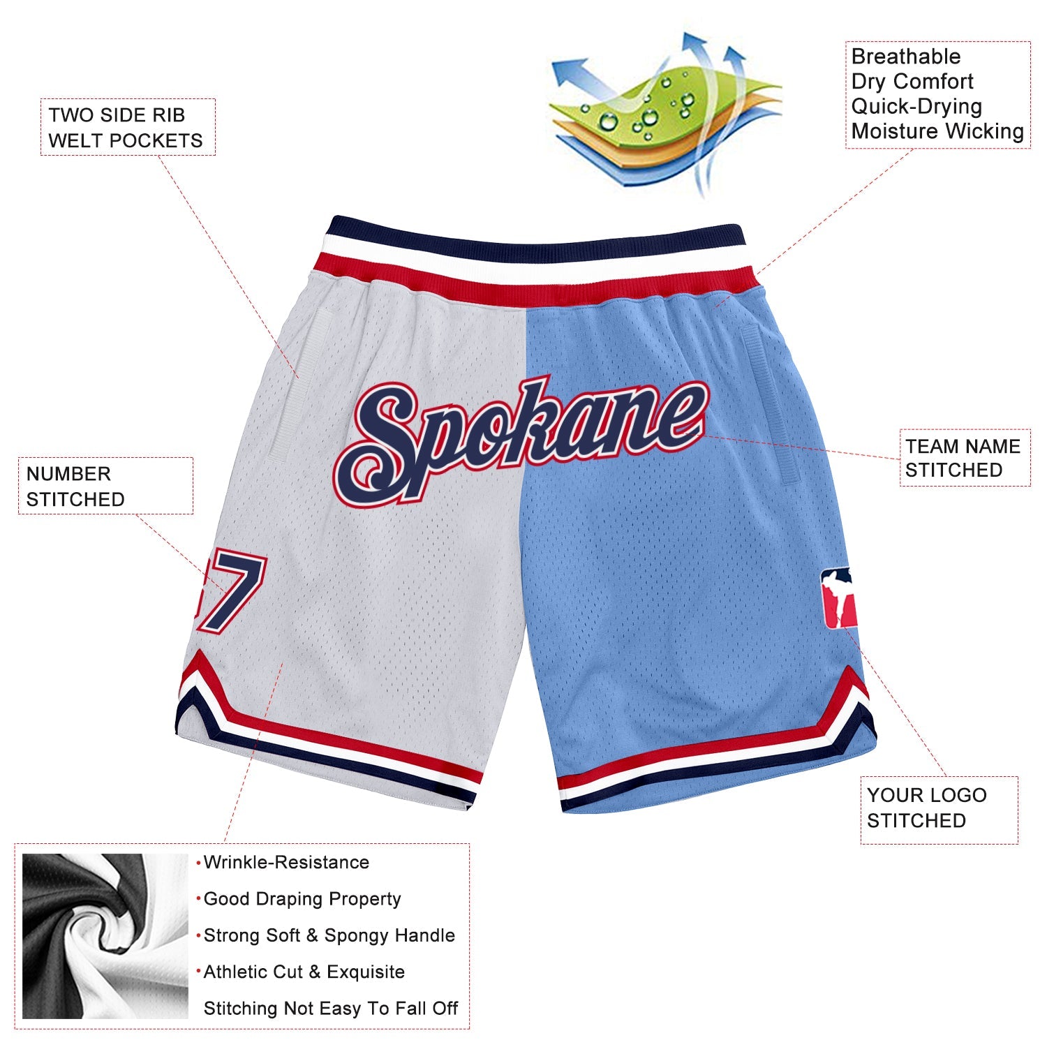 Custom White Navy-Light Blue Authentic Throwback Split Fashion Basketball Shorts view 2