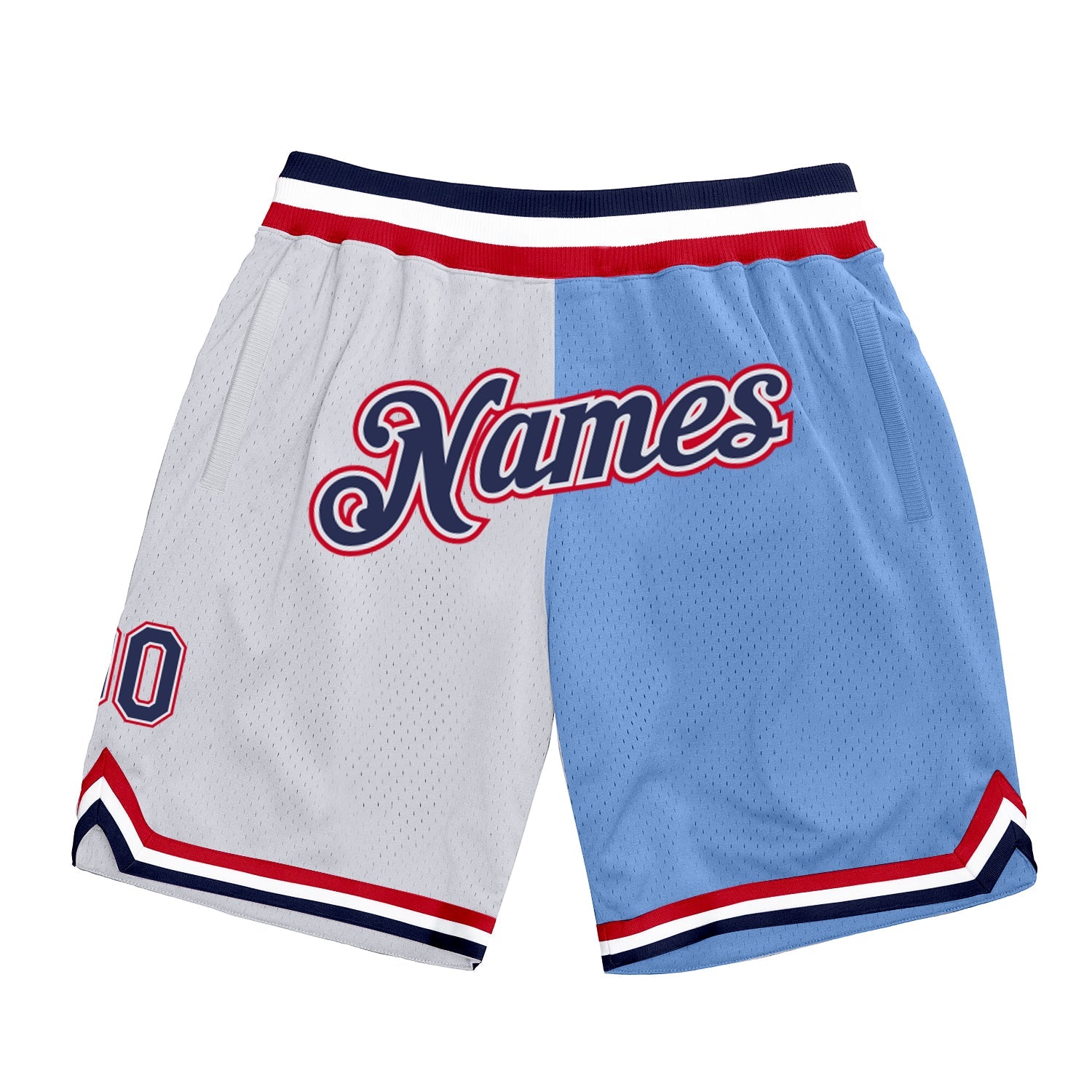 Custom White Navy-Light Blue Authentic Throwback Split Fashion Basketball Shorts - Main View