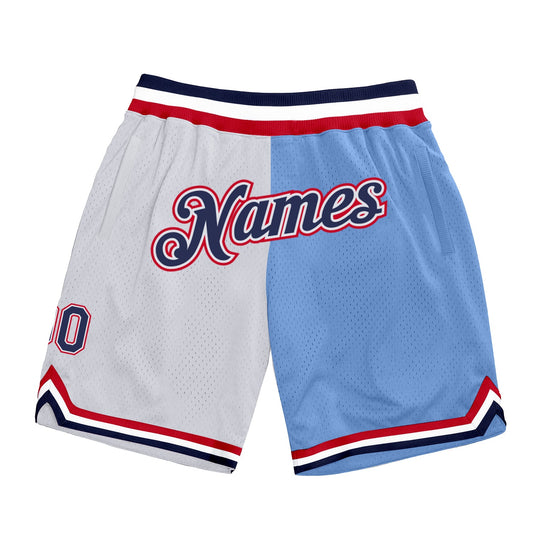 Custom White Navy-Light Blue Authentic Throwback Split Fashion Basketball Shorts - Main View