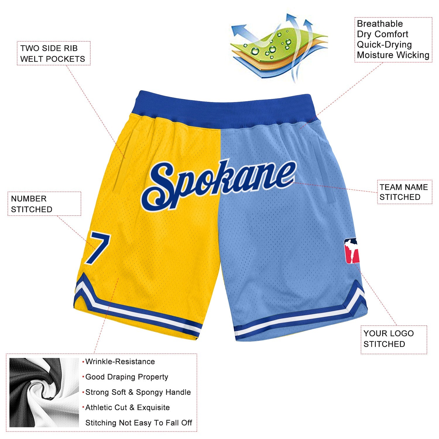 Custom Gold Royal-Light Blue Authentic Throwback Split Fashion Basketball Shorts view 2