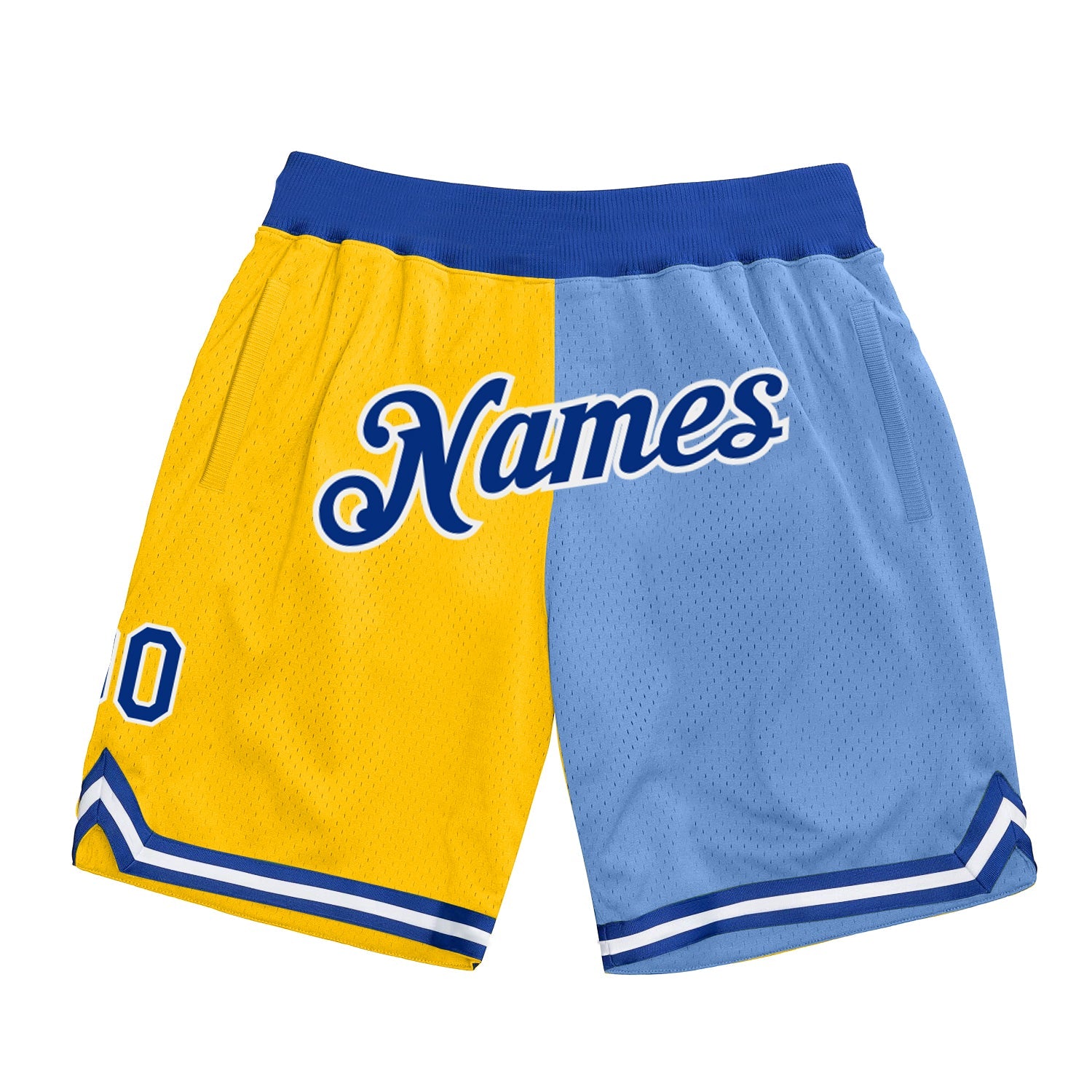 Custom Gold Royal-Light Blue Authentic Throwback Split Fashion Basketball Shorts - Main View