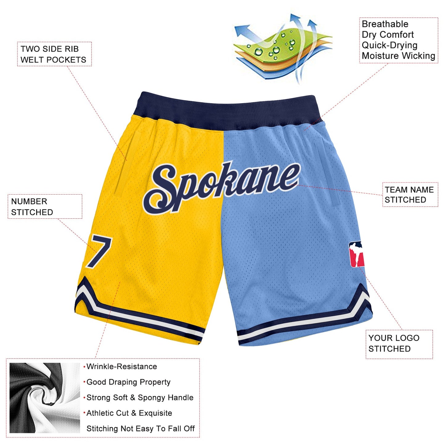 Custom Gold Navy-Light Blue Authentic Throwback Split Fashion Basketball Shorts view 2