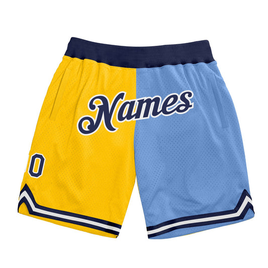 Custom Gold Navy-Light Blue Authentic Throwback Split Fashion Basketball Shorts - Main View
