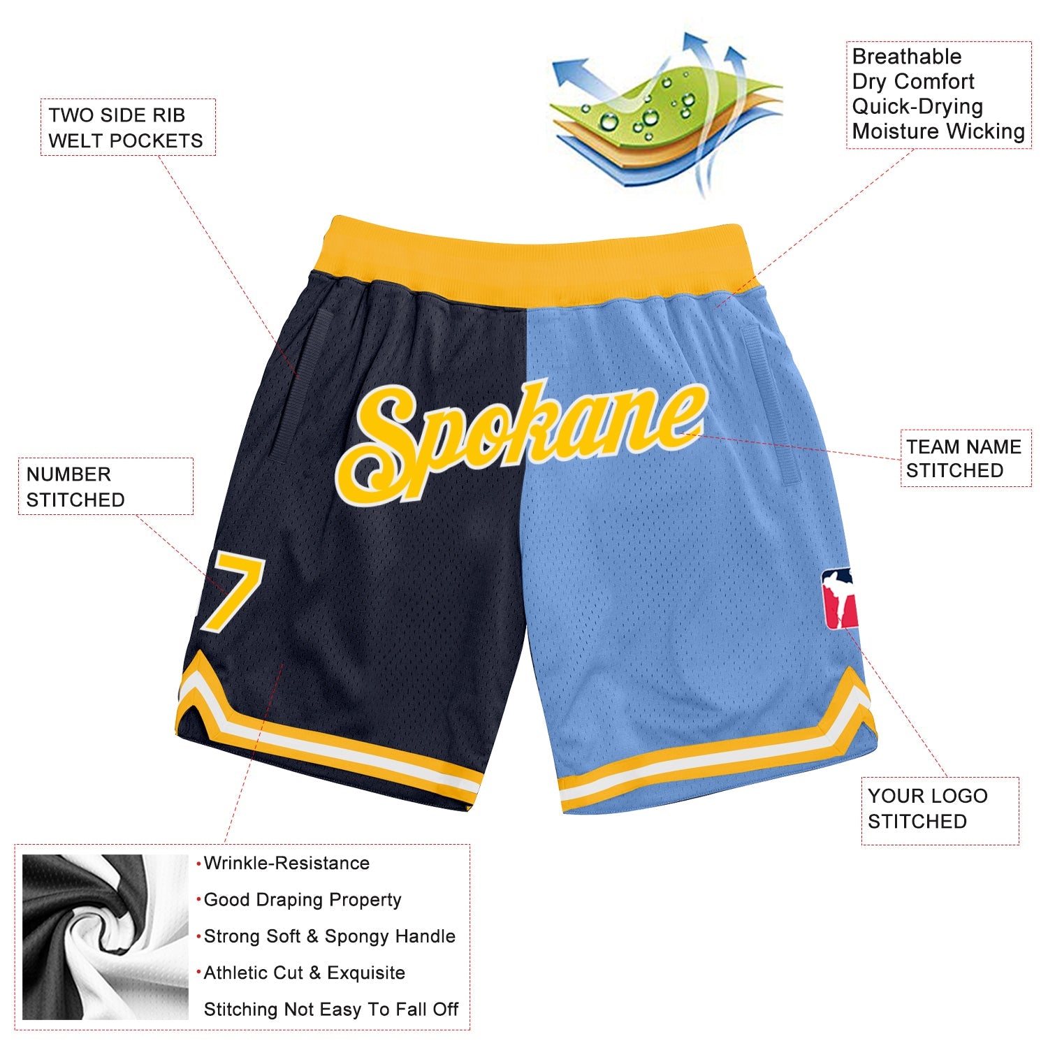 Custom Navy Gold-Light Blue Authentic Throwback Split Fashion Basketball Shorts view 2