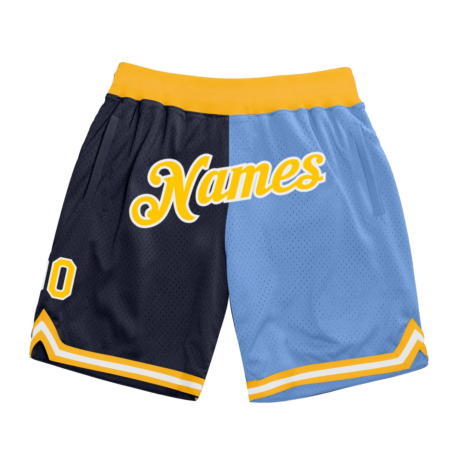 Custom Navy Gold-Light Blue Authentic Throwback Split Fashion Basketball Shorts - Main View