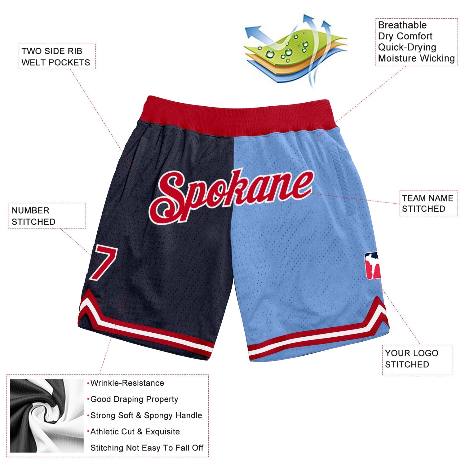 Custom Navy Red-Light Blue Authentic Throwback Split Fashion Basketball Shorts view 2