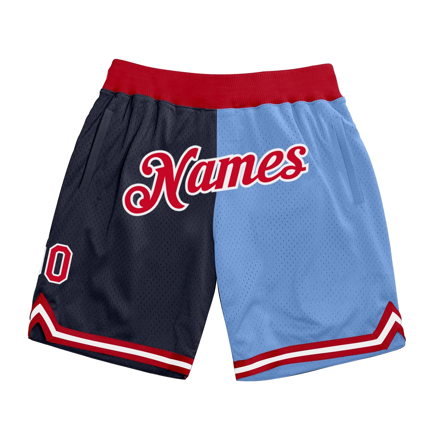 Custom Navy Red-Light Blue Authentic Throwback Split Fashion Basketball Shorts - Main View