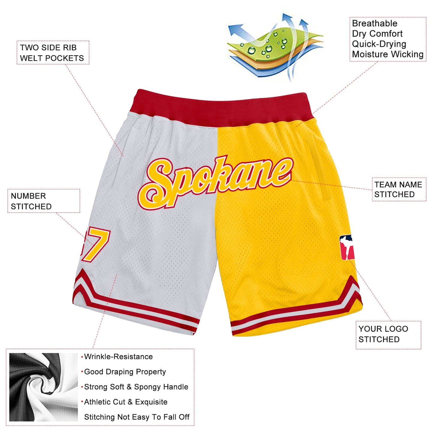 Custom White Gold-Red Authentic Throwback Split Fashion Basketball Shorts view 2