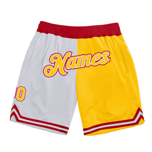 Custom White Gold-Red Authentic Throwback Split Fashion Basketball Shorts - Main View