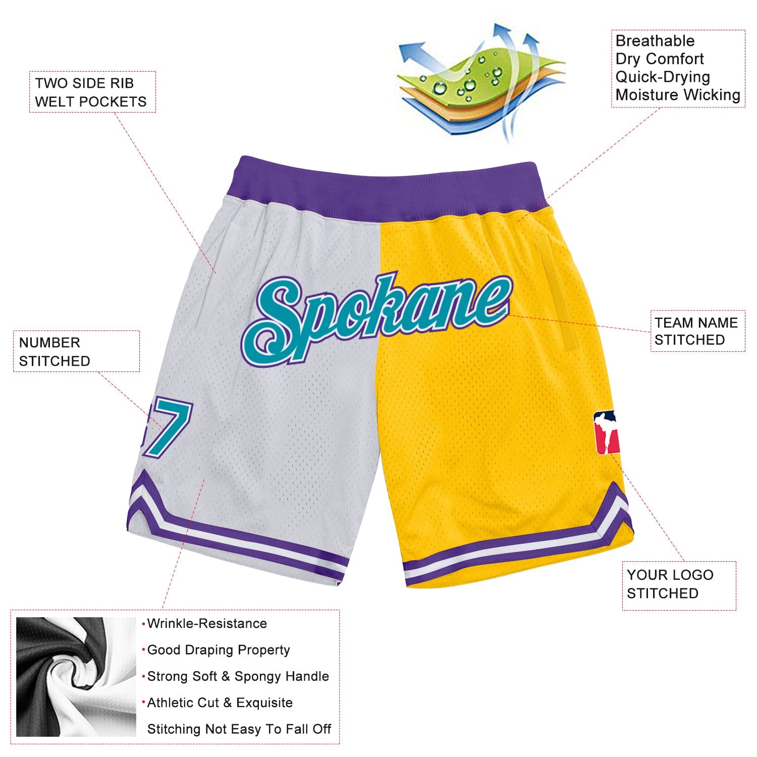 Custom White Teal-Gold Authentic Throwback Split Fashion Basketball Shorts view 2