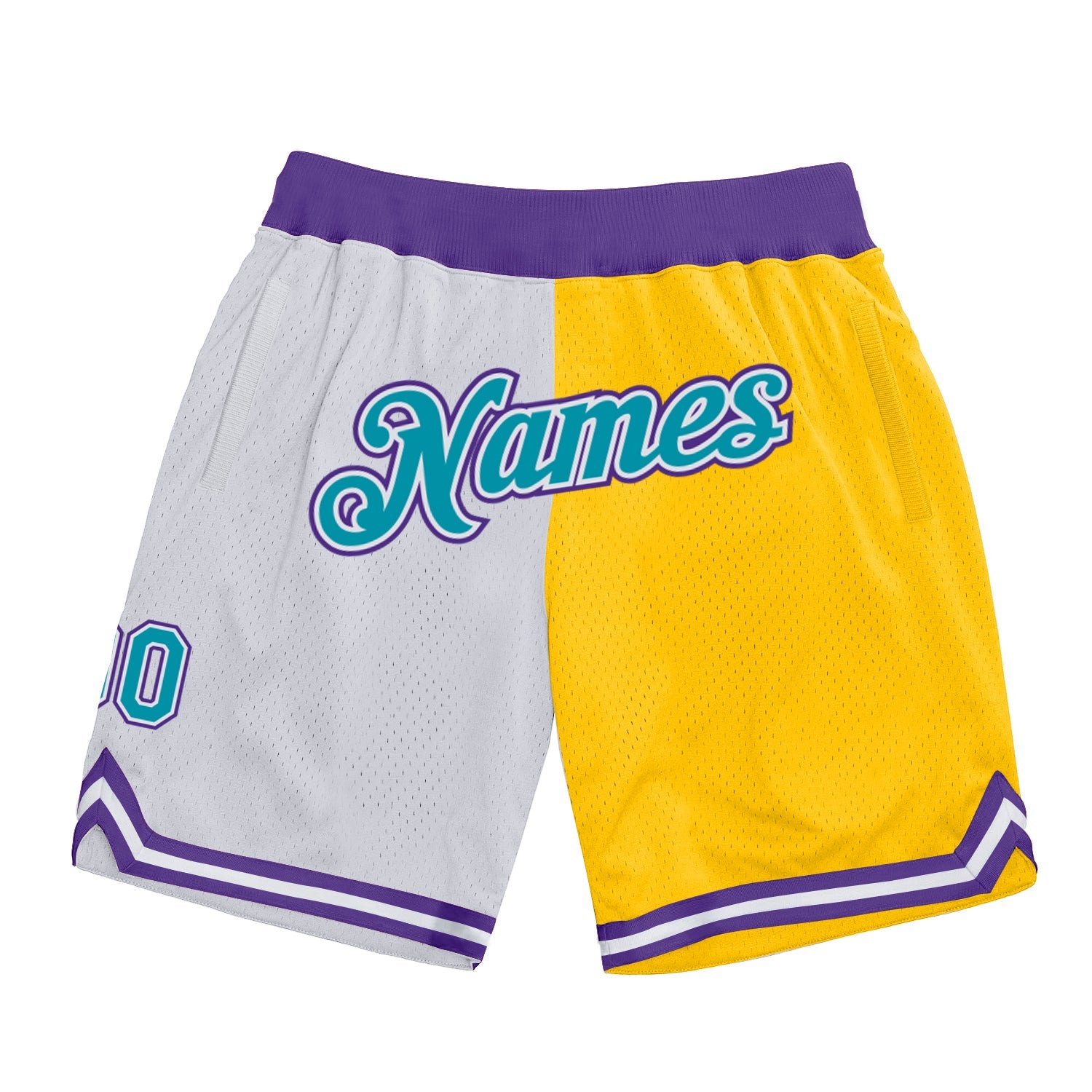 Custom White Teal-Gold Authentic Throwback Split Fashion Basketball Shorts - Main View