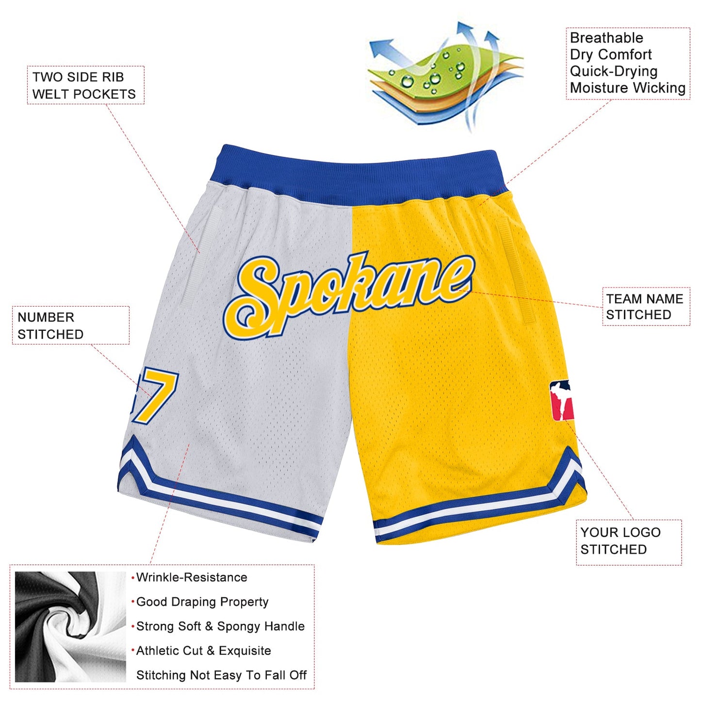 Custom White Gold-Royal Authentic Throwback Split Fashion Basketball Shorts view 2