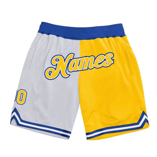 Custom White Gold-Royal Authentic Throwback Split Fashion Basketball Shorts - Main View