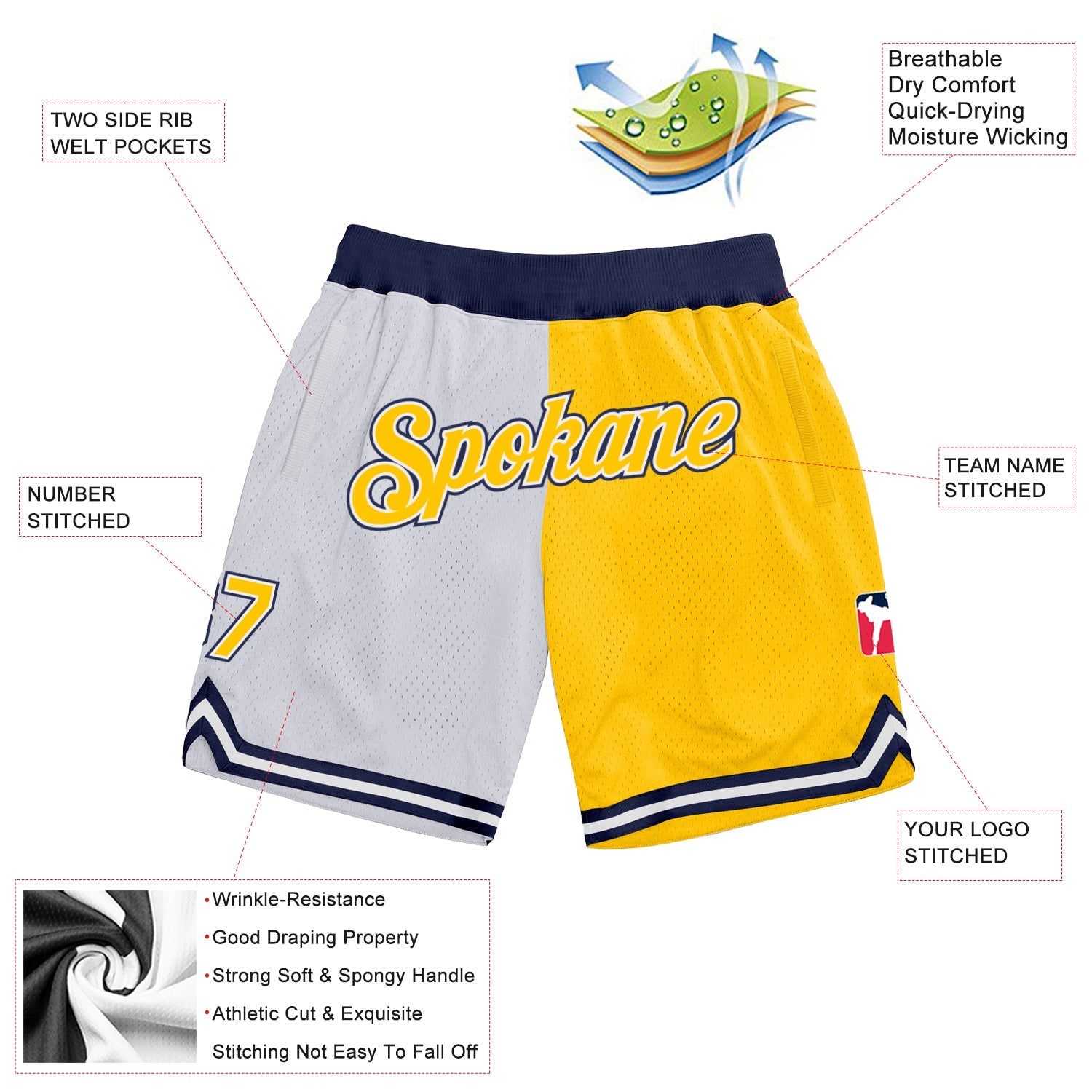 Custom White Gold-Navy Authentic Throwback Split Fashion Basketball Shorts view 2