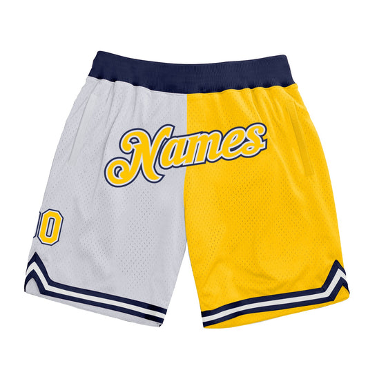 Custom White Gold-Navy Authentic Throwback Split Fashion Basketball Shorts - Main View