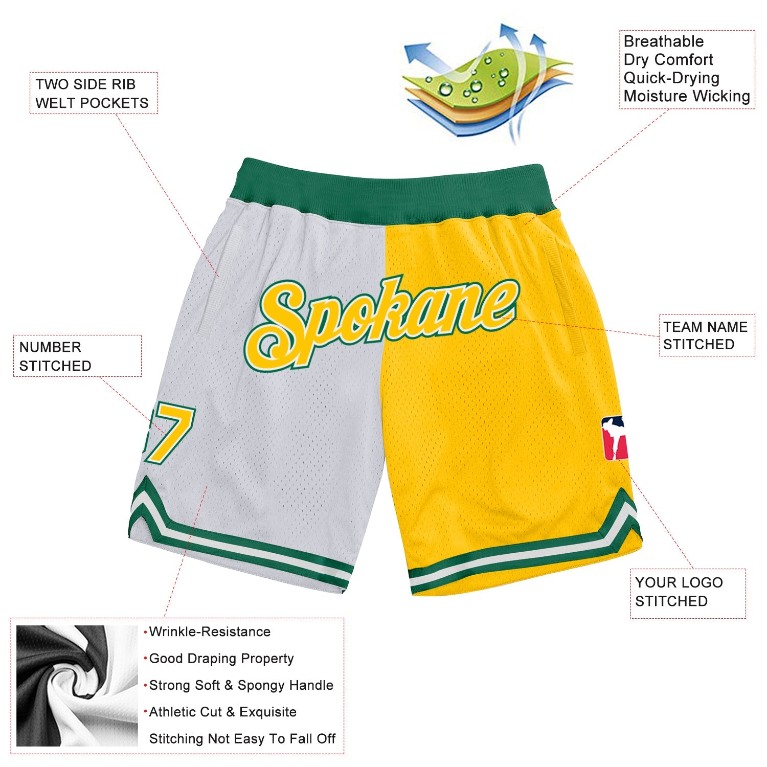 Custom White Gold-Kelly Green Authentic Throwback Split Fashion Basketball Shorts view 2