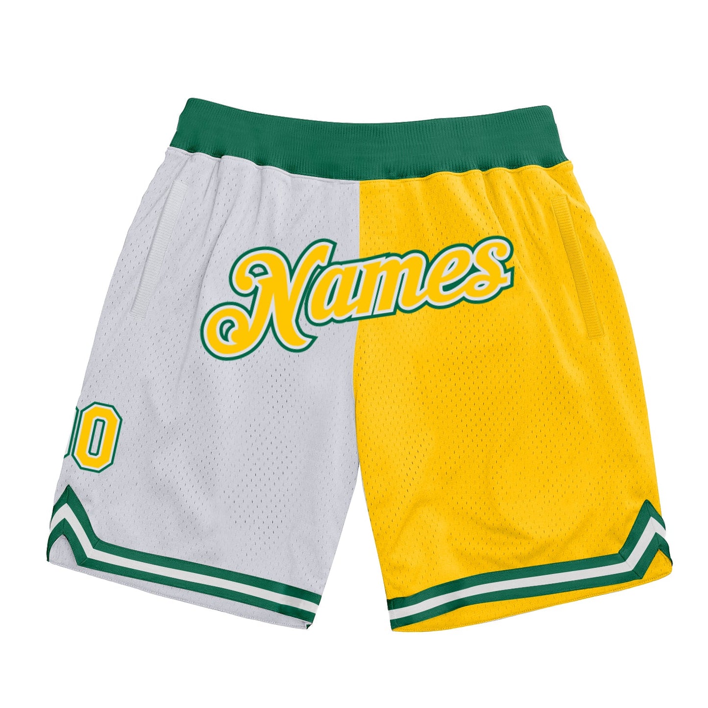 Custom White Gold-Kelly Green Authentic Throwback Split Fashion Basketball Shorts - Main View